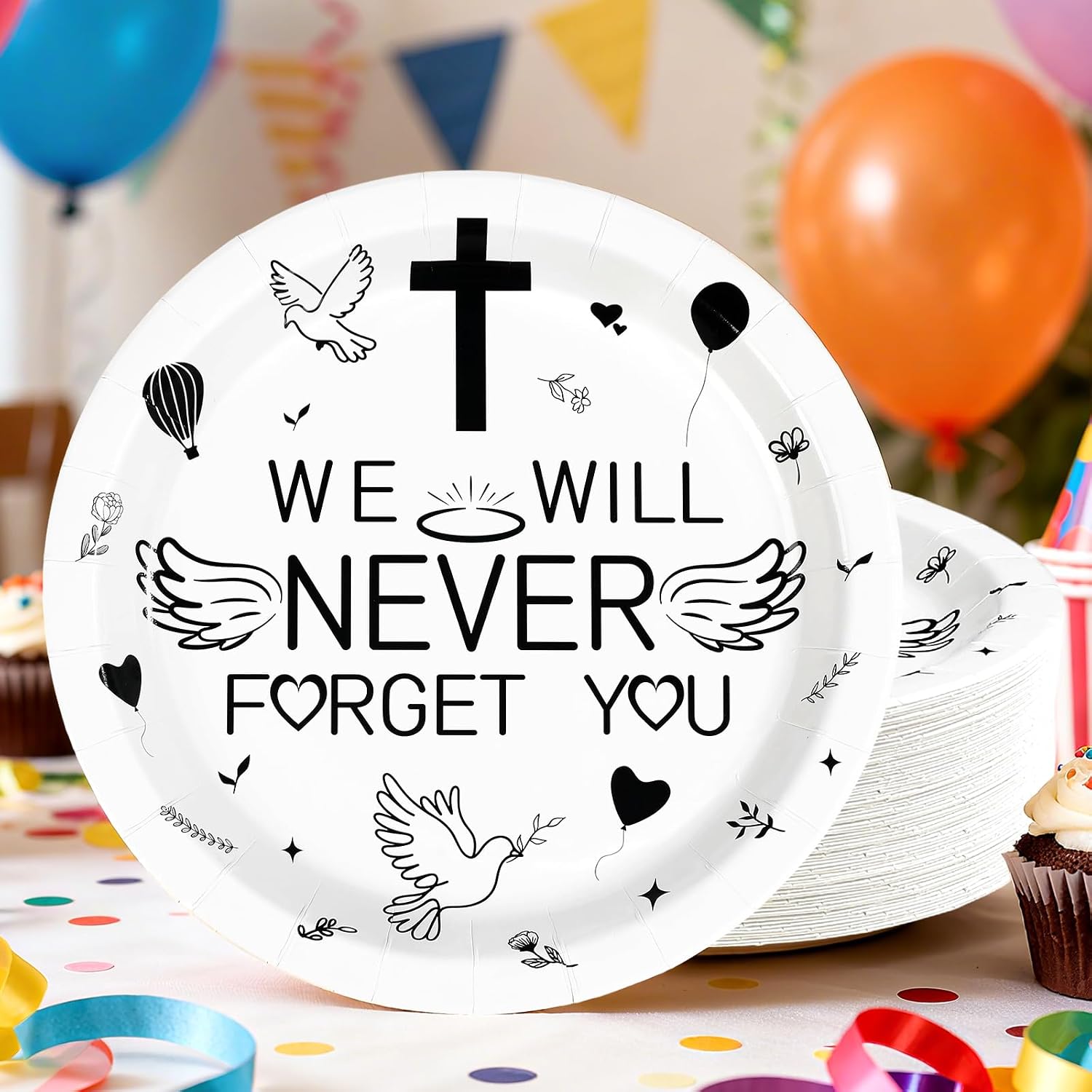 50Pcs Memorial Decorations 9" Funeral Celebration Plates Disposable We Will Never Forget You Paper Plates for Remembrance Funeral Celebration of Life Death Condolence Anniversary Service