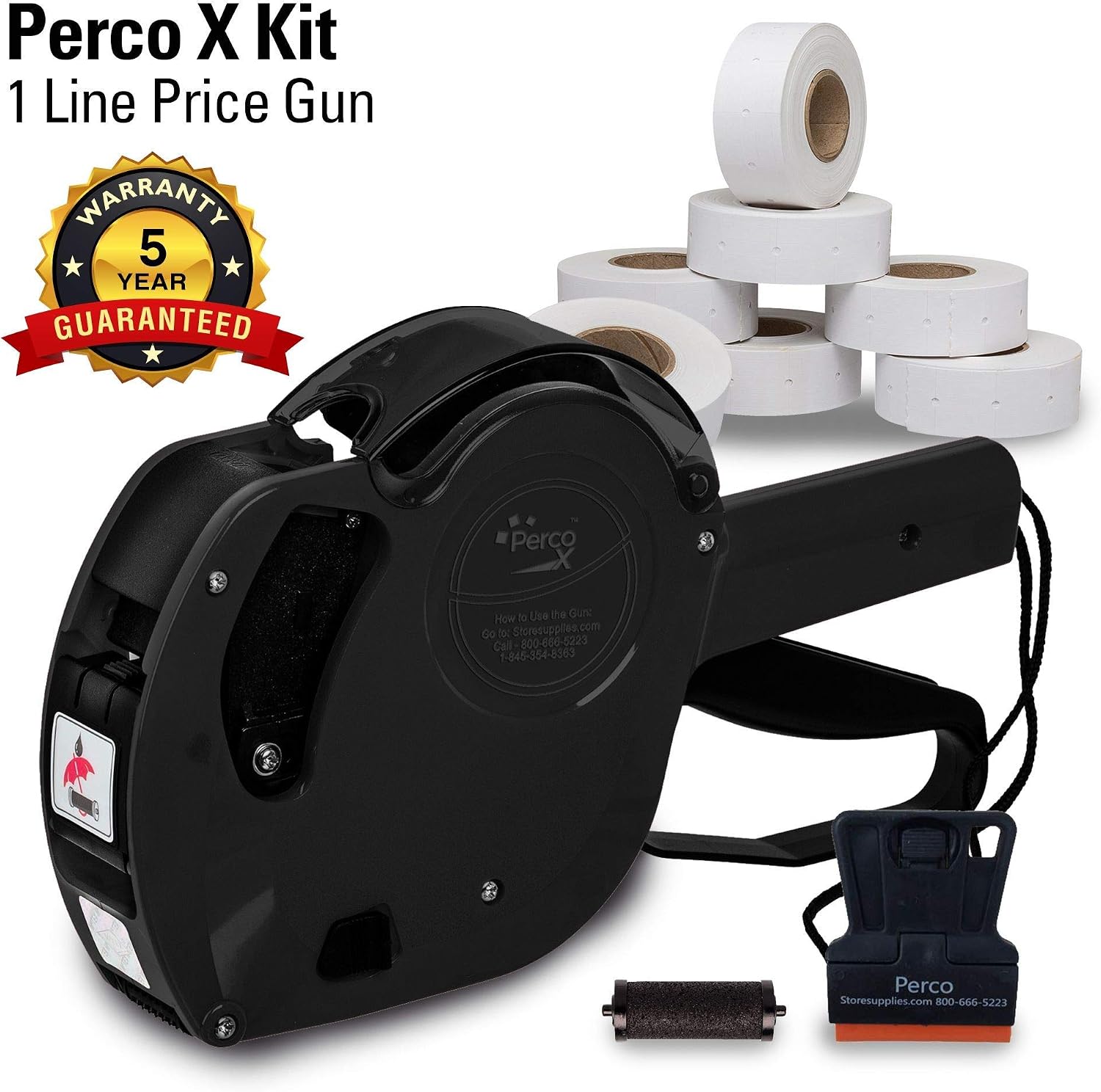 Perco X 1 Line Price Gun Kit - 1 Line Label Gun with 9000 White Blank Labels, and an Extra Inker Bundled w Ink Roll X Labelers, Available in Different Packs (4 Pack)