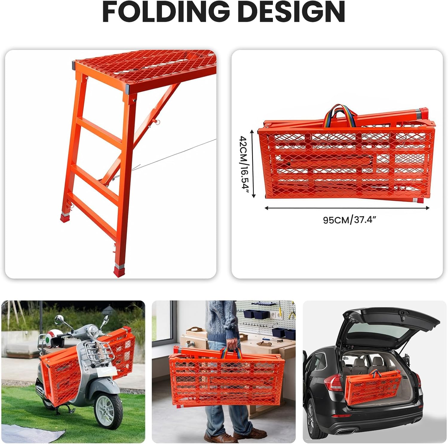 Foldable Scaffolding Platform, 70.8x15.2x36.2-62 Inch Portable Work Platform, 770 Lbs Capacity, Adjustable Height Industrial Step Ladders, Ideal for Painting, Wiring and Home Decor, Red