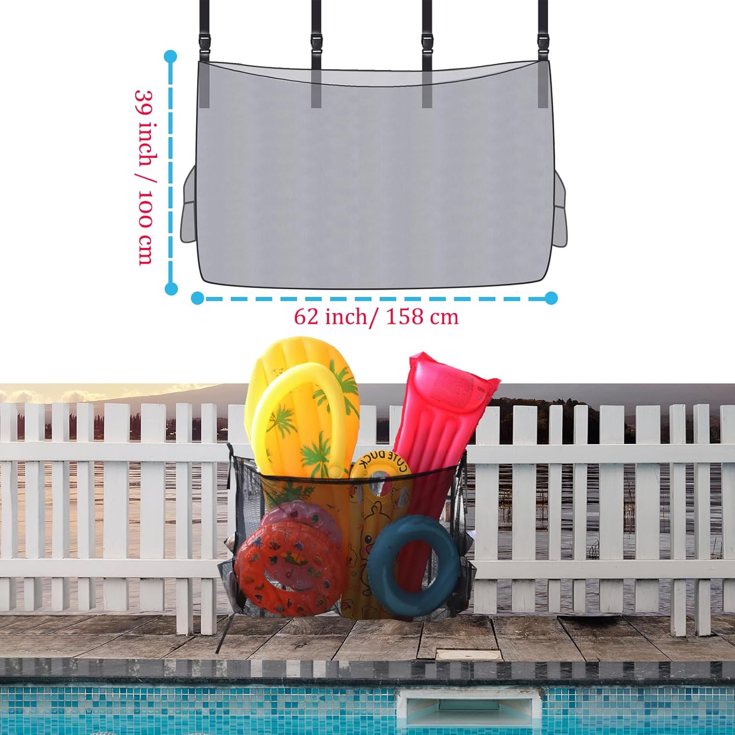 Float Toy Storage Mesh Bag, Swimming Pool Organizer Fence Net Holder for Inflatable Balls, Toys, Floats Ring, Noodles and Accessories, Black