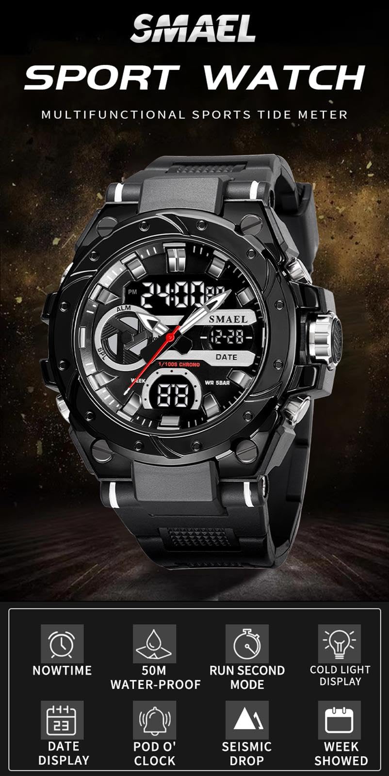 Montre Sport Homme Digitale Etanche 5 Bar avec Chronographe Alarme LED Eclairage Date-Montres avec Bracelet en Silicone