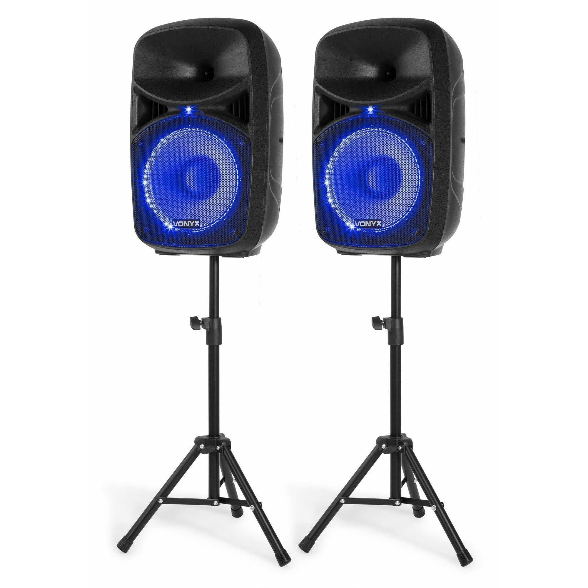 Vonyx VPS102A - Sistema de Sonido 600W máx (300W Salida, 200W RMS), Bluetooth, USB, Leds rítmicos, micrófono, Mando y Soportes incluidos para Eventos, Karaoke y DJs Principiantes