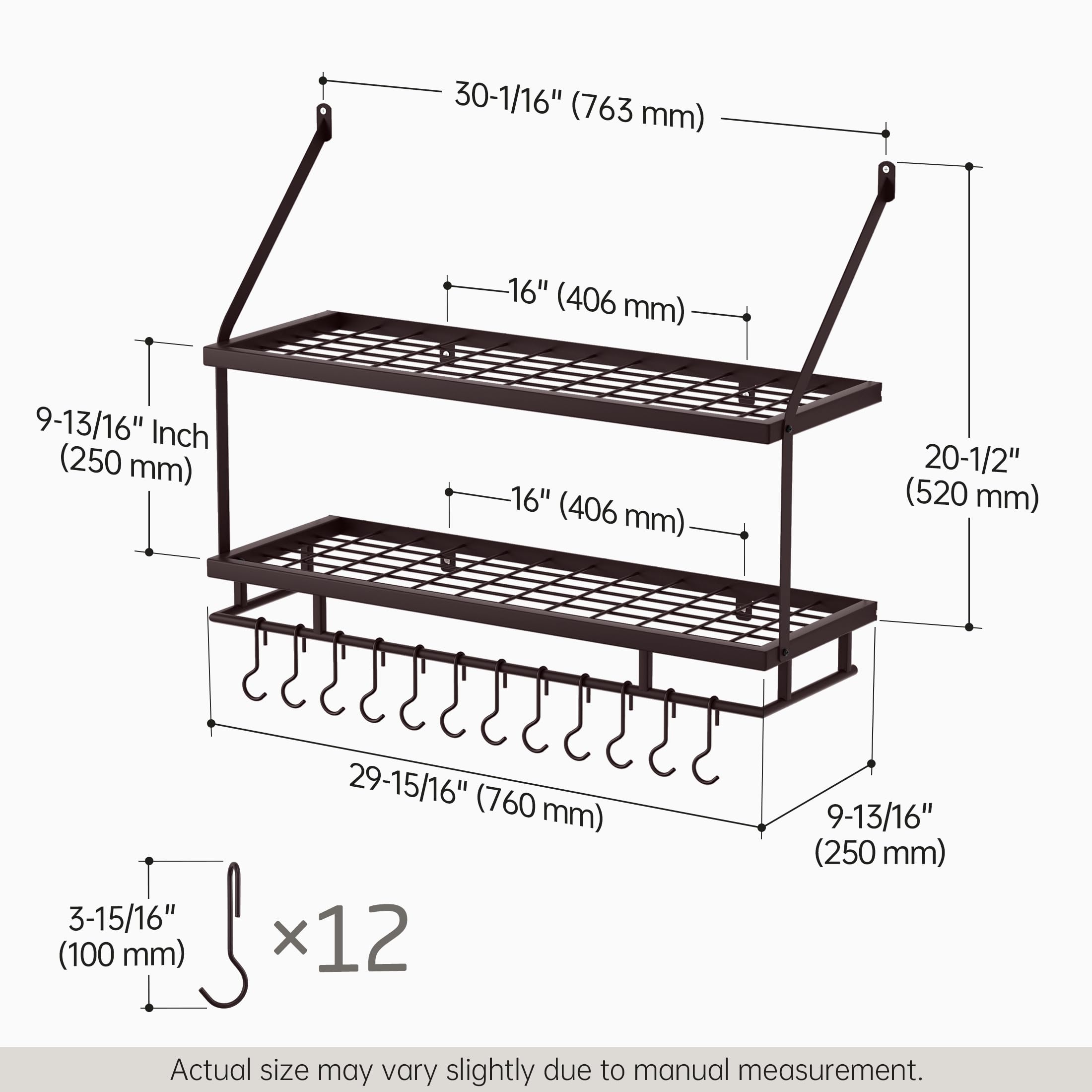 KES KUR215S75B-OB - Portapentole da parete in bronzo oliato, 76 cm, organizer a 2 ripiani per pentole e padelle con 12 ganci robusti, mensole appendiabiti da parete per cucina, stile rustico