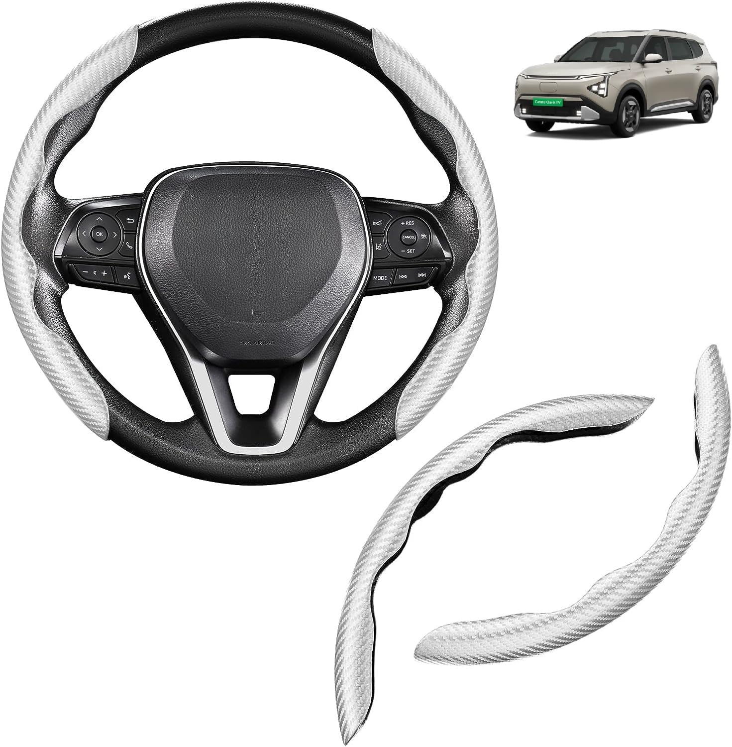 Carbon Fiber Steering Wheel Cover for Carens Clavis EV All Models of Ki-a Wheel Grip Cover Cars Universal Fit Anti-Slip, Interior Decoration, Car Accessory, 14.5"-15" (Carbon White)-image-25