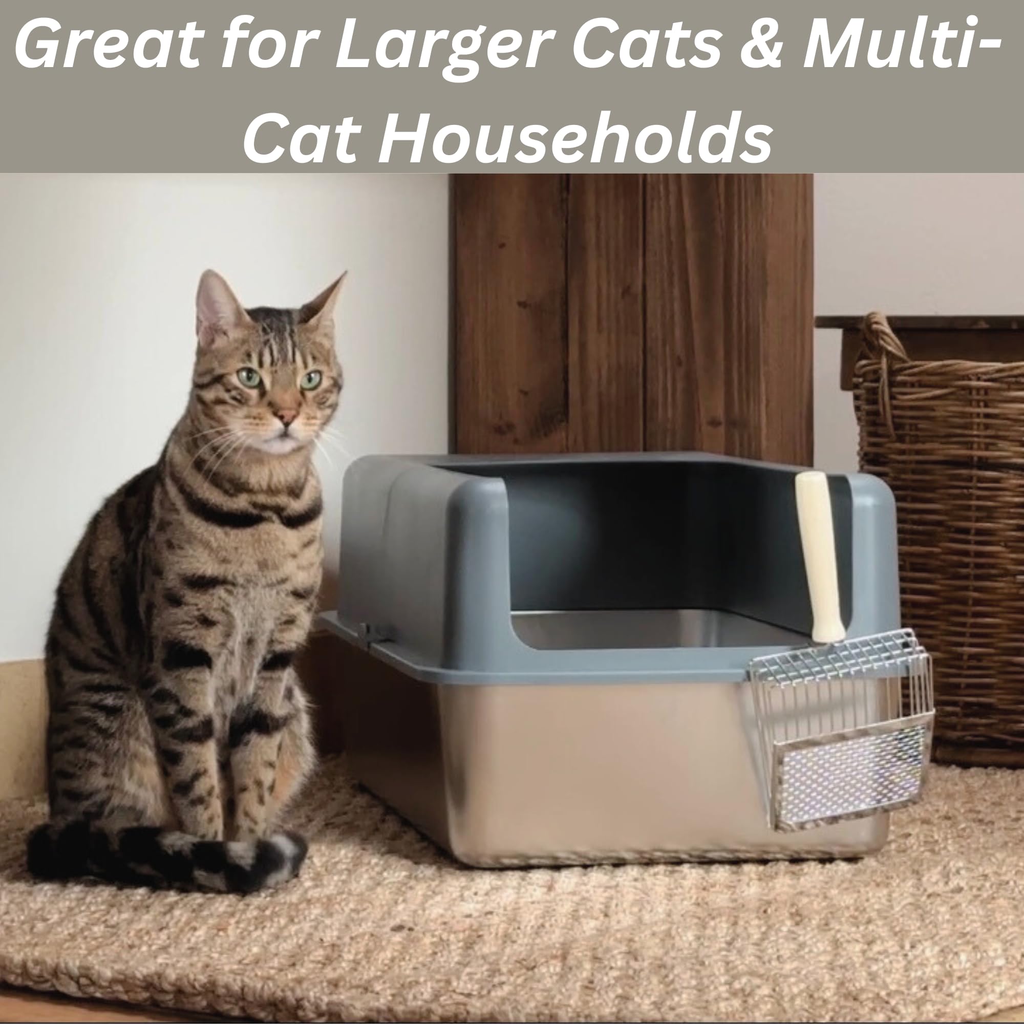 XL Stainless Steel Cat Litter Box with Lid - High-Sided Metal Litter Box for Large Cats, Enclosed Design for Odor Control, Anti-Leakage, Effortless Cleaning, Scoop Included