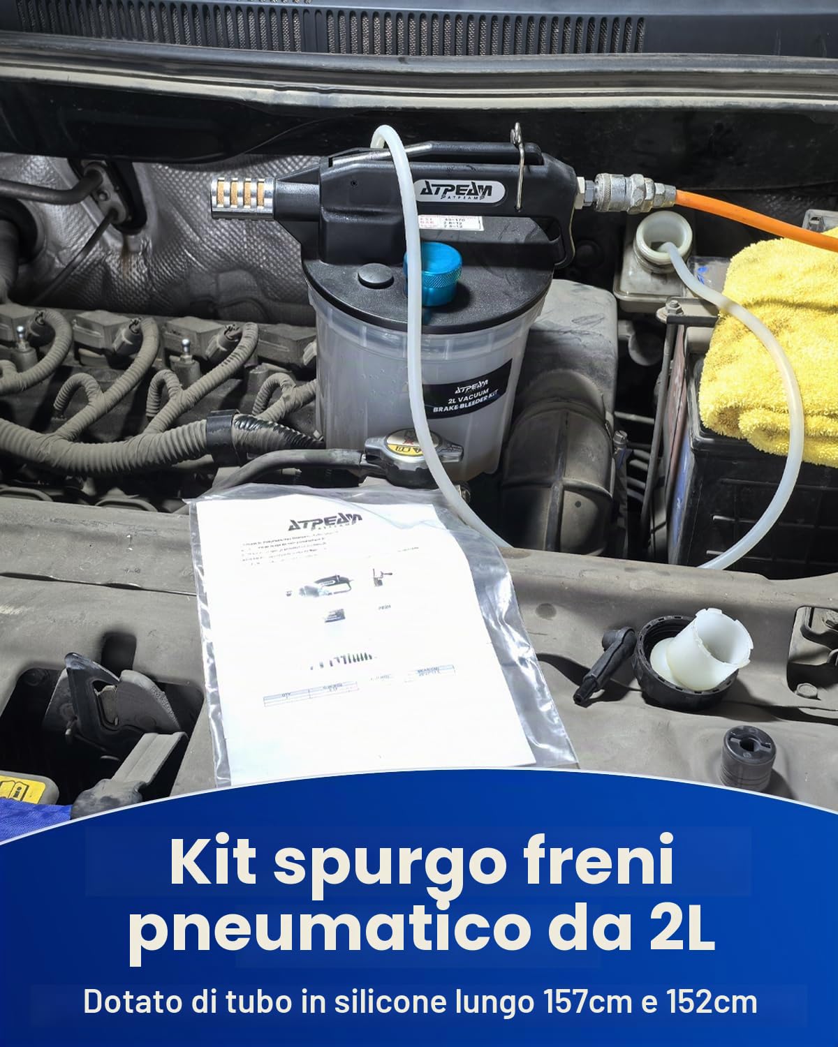 ATPEAM Spurgo Freni Pneumatico 2L, Kit Professionale per Spurgo Freni Auto e Moto, Dispositivo ad Aria Compressa con Bottiglia di Riempimento 1L e Adattatori Universali