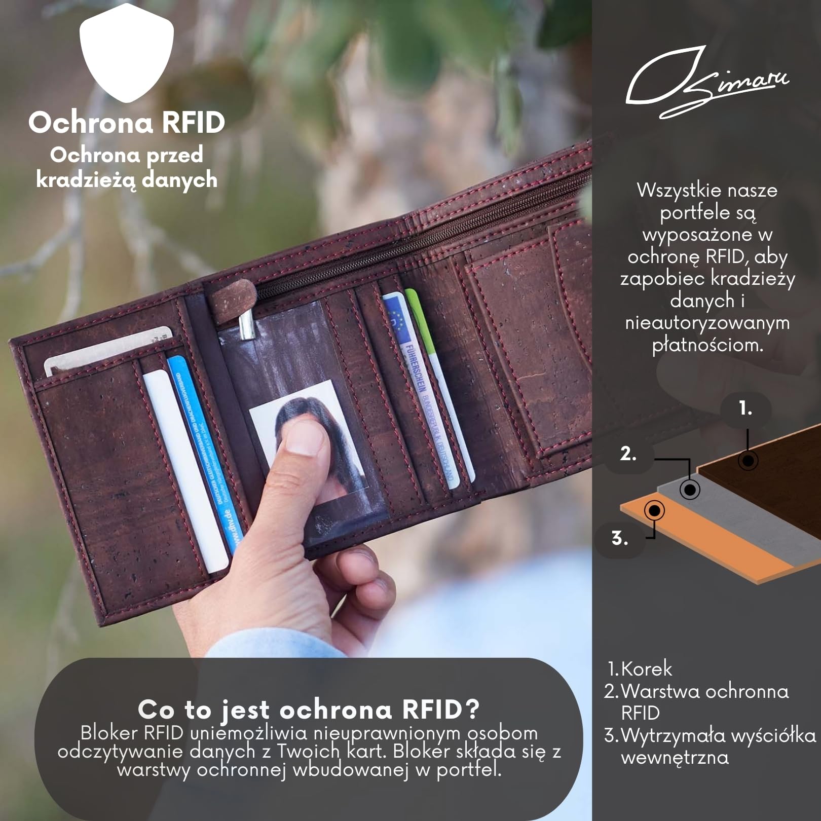 Simaru Portfel z korka dla mężczyzn z ochroną RFID | Wegański portfel z 10 przegródkami na karty oraz miejscem na banknoty i monety | Wodoodporny i zrównoważony | Alternatywa dla skóry (Czarny)
