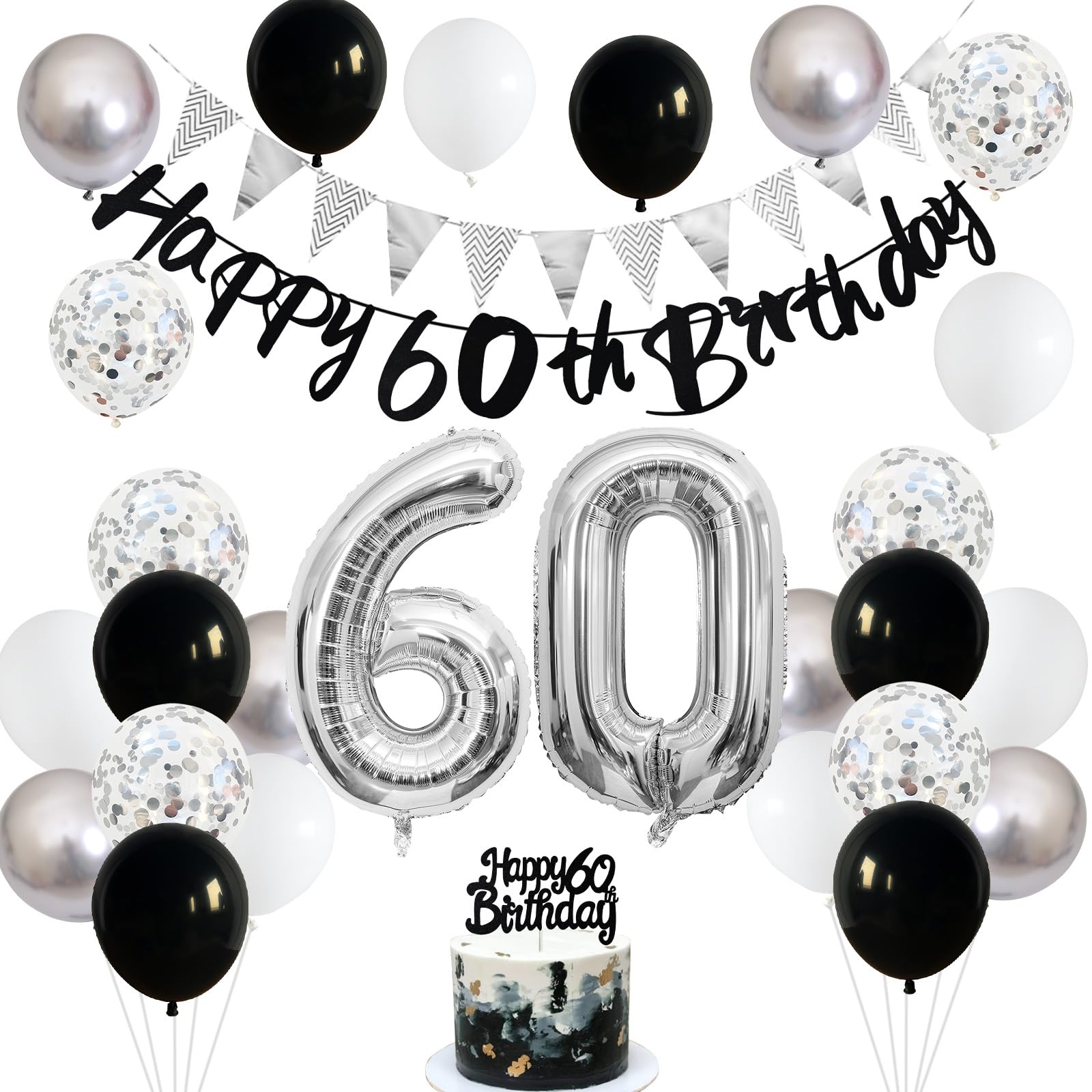 60th Birthday Decorations for Men, Navy Blue Silver 60th Birthday Balloons with Blue Happy 60th Banner 70 Cake Topper Decor Number 60 Balloon for