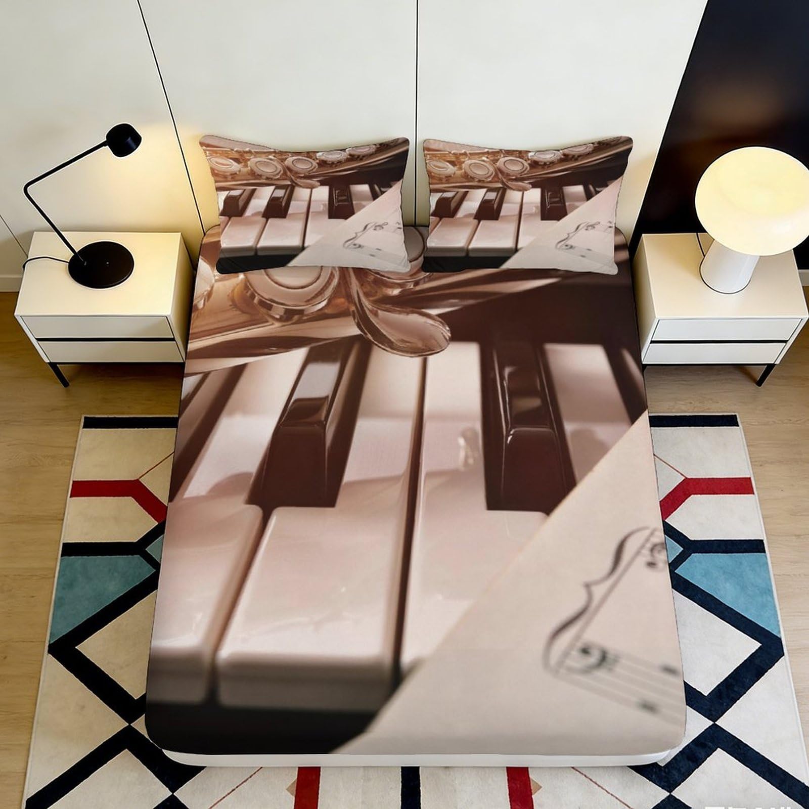 3D Printed Piano Keys Fitted Sheet Microfiber Soft Music Notes Bed Cover for Bedroom Decor Mattress Protection 90x200x25cm
