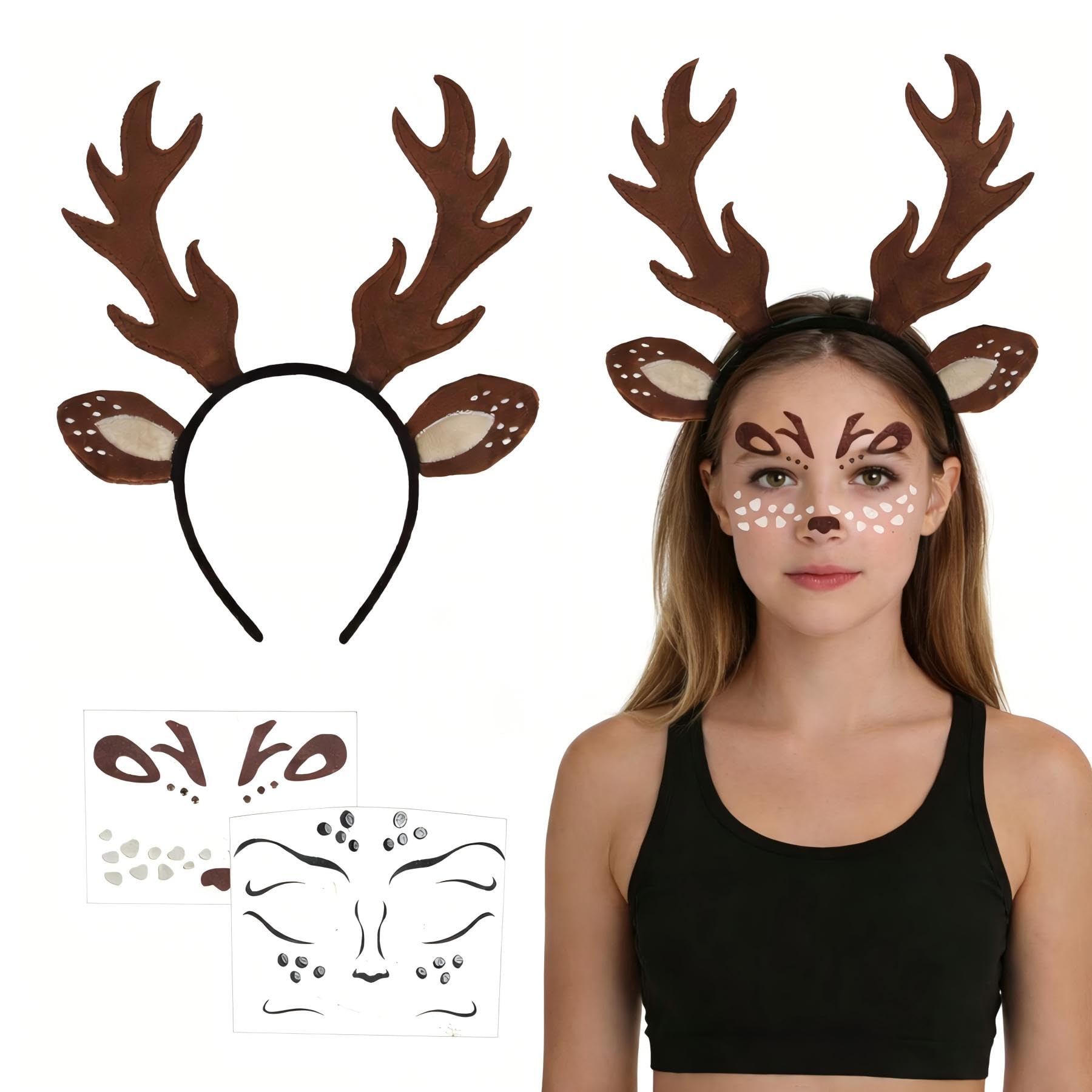 MOSTFUN Karneval Kostüm Damen Mädchen, Reh Geweih Ohren Haarreif mit 2 Rentier Gesicht Tattoo Aufkleber, Damen Kinder Reh kostüm für Fasching Karneval Mottoparty Weihnachten Cosplay