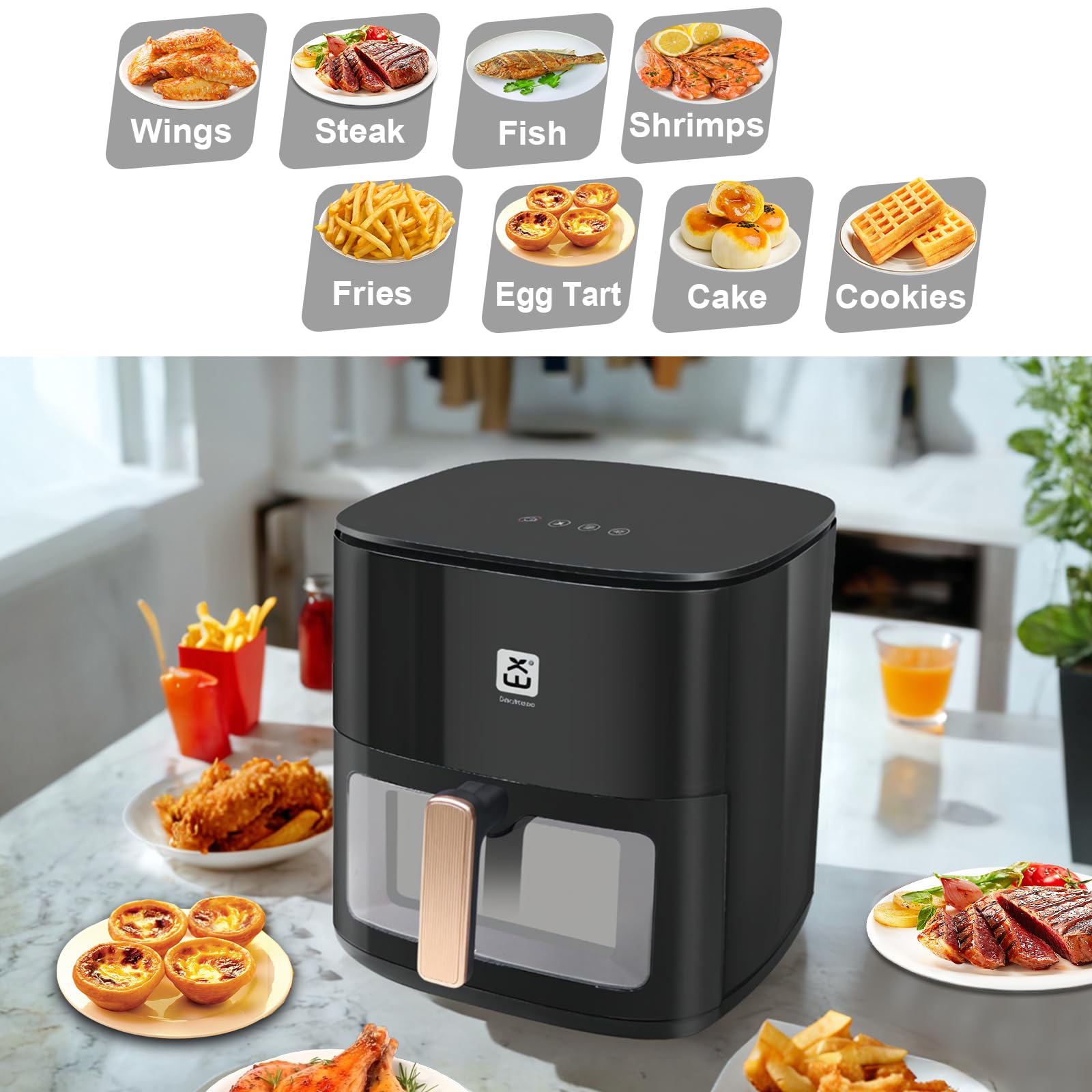 Airfryer 7L, friteuse à air XXL sans huile avec écran tactile, friteuse avec affichage numérique, 1800 W, mode shake, minuterie, livre de recettes, température maximale 200°c, type3