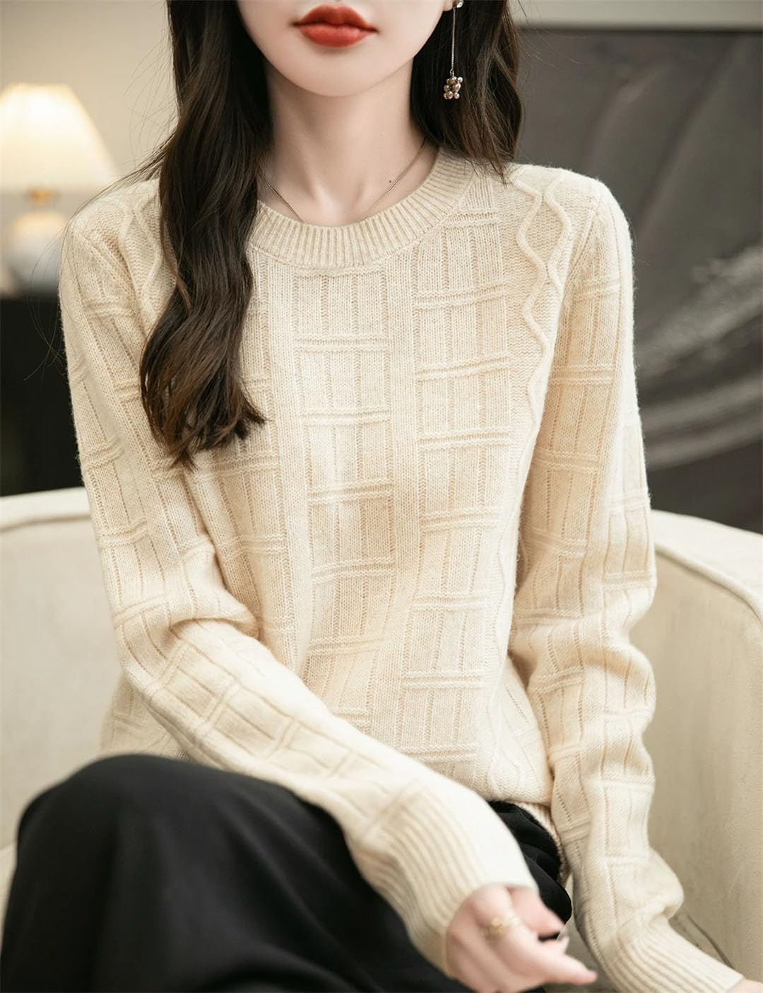 Maglione da donna in lana merino autunno inverno tinta unita girocollo caldo manica lunga maglione pullover lavorato a maglia