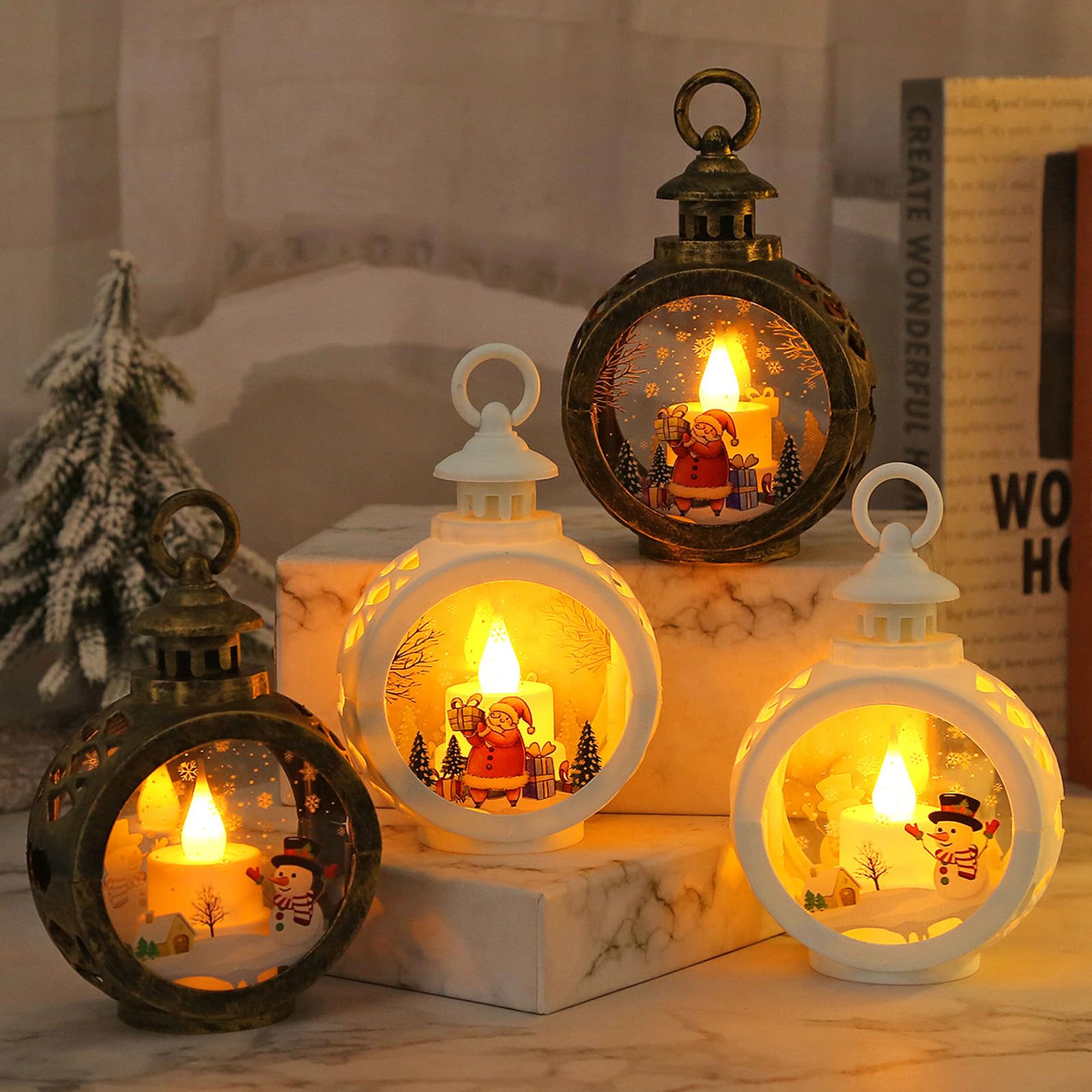 Lanternes LED De Noël - Lot De 2, Père Noël Et Bonhomme De Neige, 17.5 Cm, Lumière Blanche Chaude, Piles Incluses