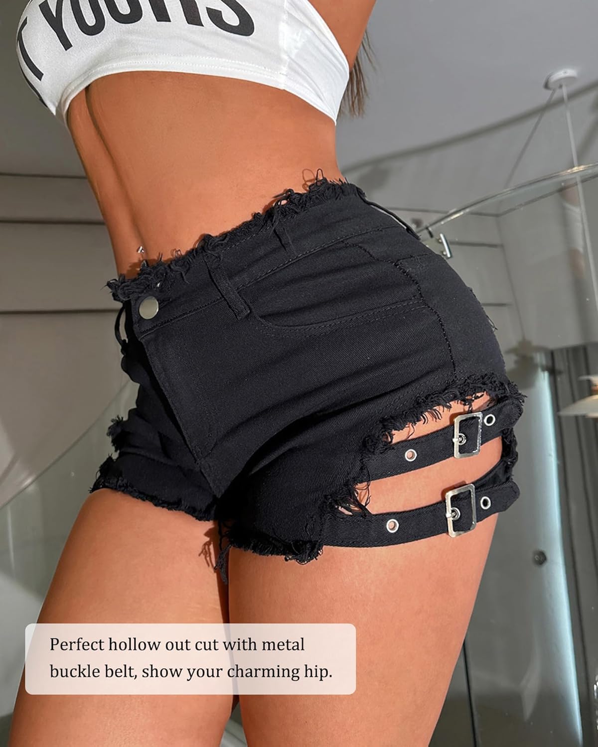 Distressed Denim Shorts for Women - High Waisted Ripped Jean Shorts with Stretch - Image 4