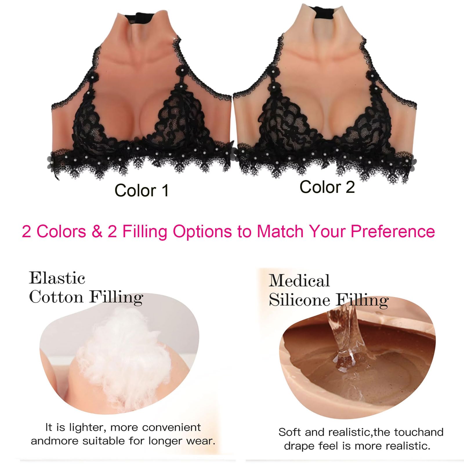XSWL Reggiseno in Pizzo Nero con Protesi mammaria Silicone Coppa C | Protesi mammaria morbida in silicone coppa C con pizzo nero e bottoni, ideale per uso quotidiano dopo mastectomia