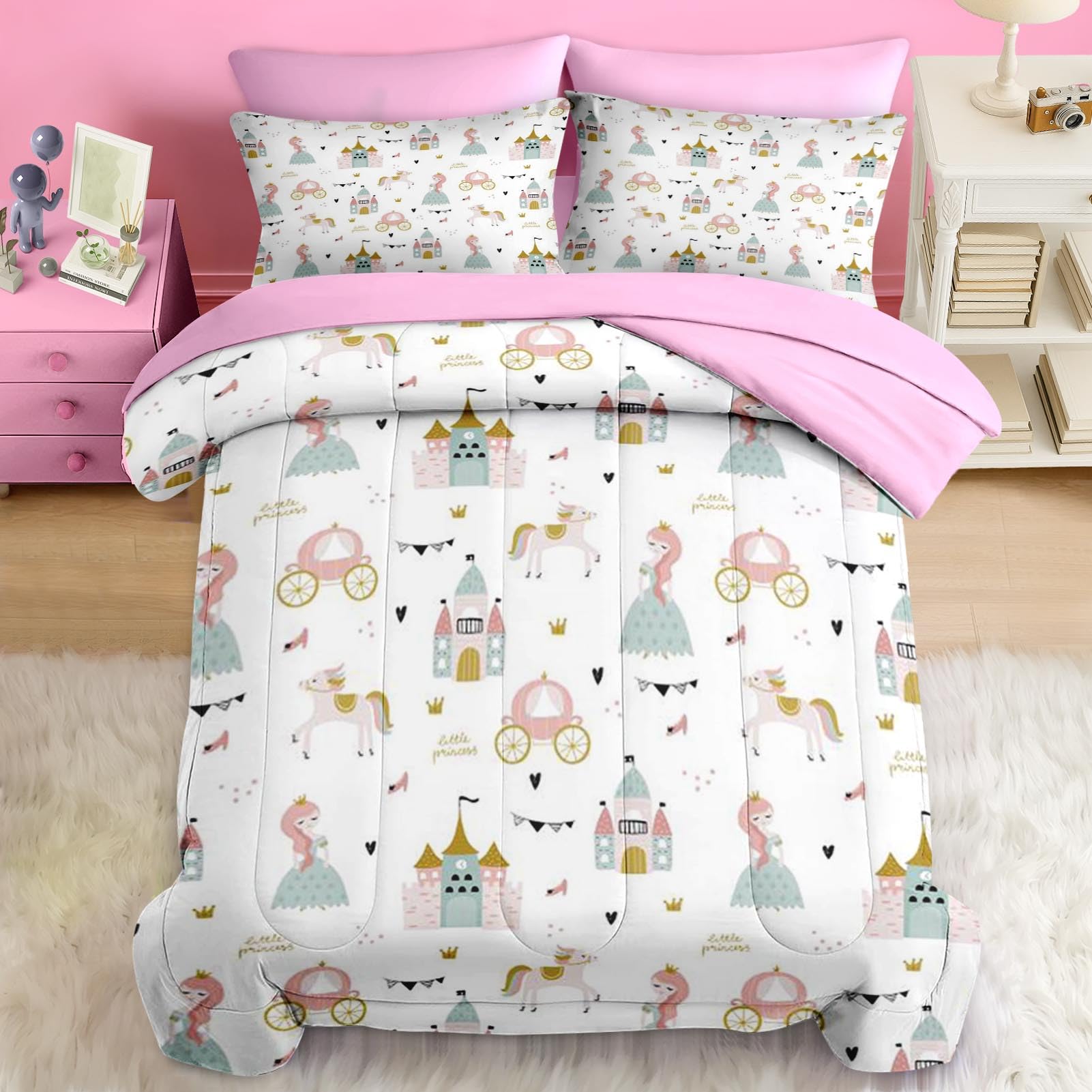 Pamnest Comforter Set Twin Size, Happy Sweet Moon Horse 5 Pcs Bedding for Kids and Adults, Cute Purple Unicorn Bed Sheet Sets with Fitted Sheet Pillowcase & Sham for Bedroom Bed Decor