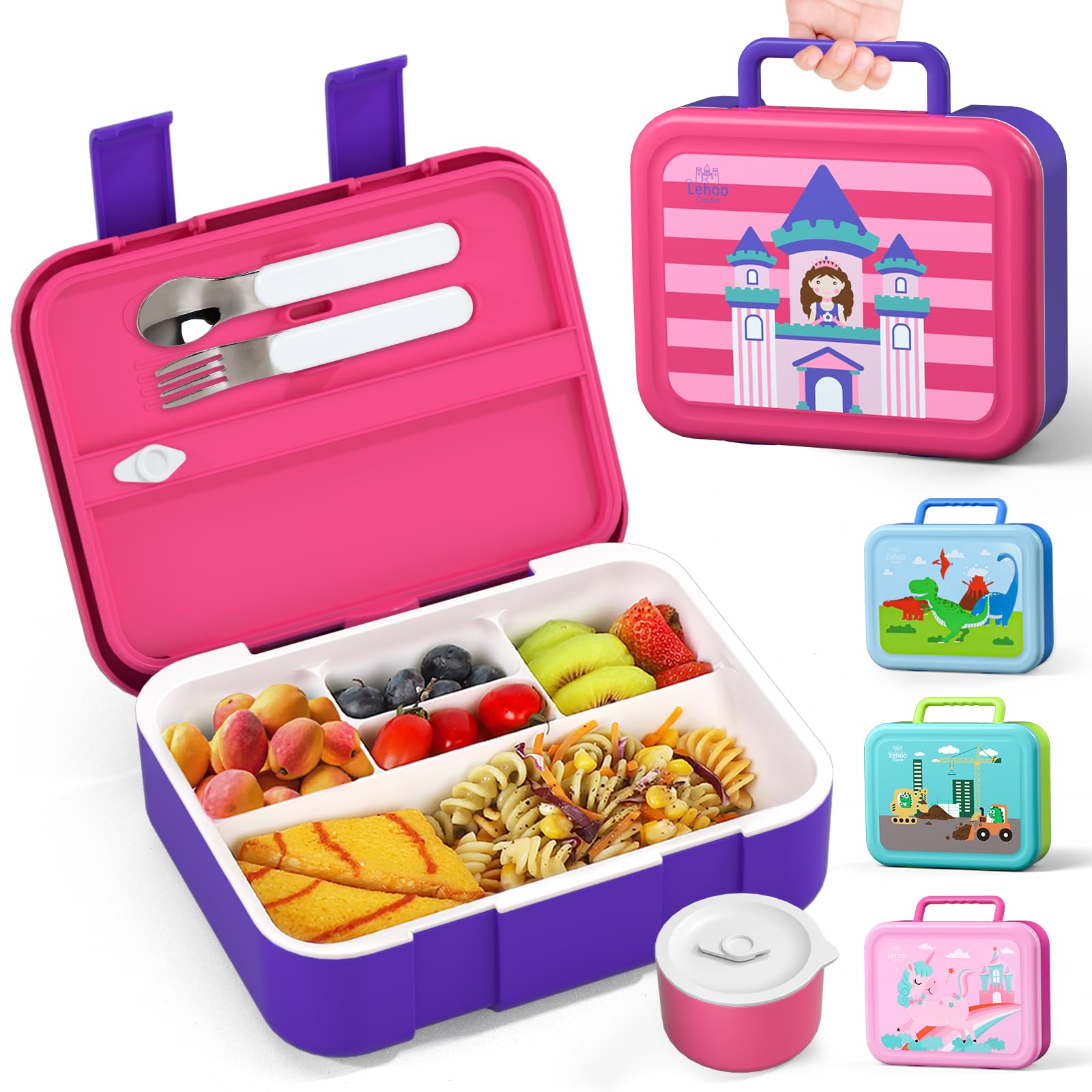 Lehoo Castle Bento Lunch Box for Kids, 1250ml Bento Box Lunch Containers with 5 compartments, Kids Bento Lunch Box with Sauce Jar/Spoon & Fork (Princess), Rose Pink+purple