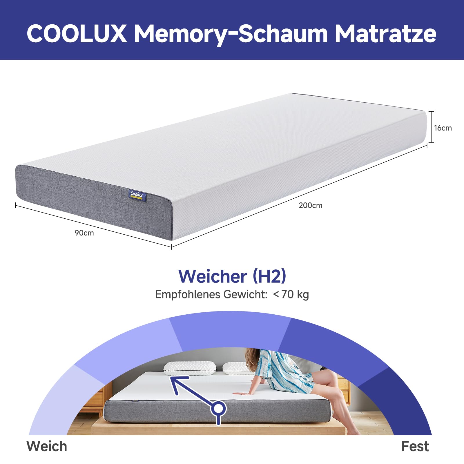 Matratze 90x200 H2 16cm Höhe Kaltschaum Rollmatratze Öko-Tex | Orthopädische Ergonomische Kaltschaummatratze für Kinder, Jugend & Erwachsene Hypoallergen Antibakteriell Waschbarer Bezug