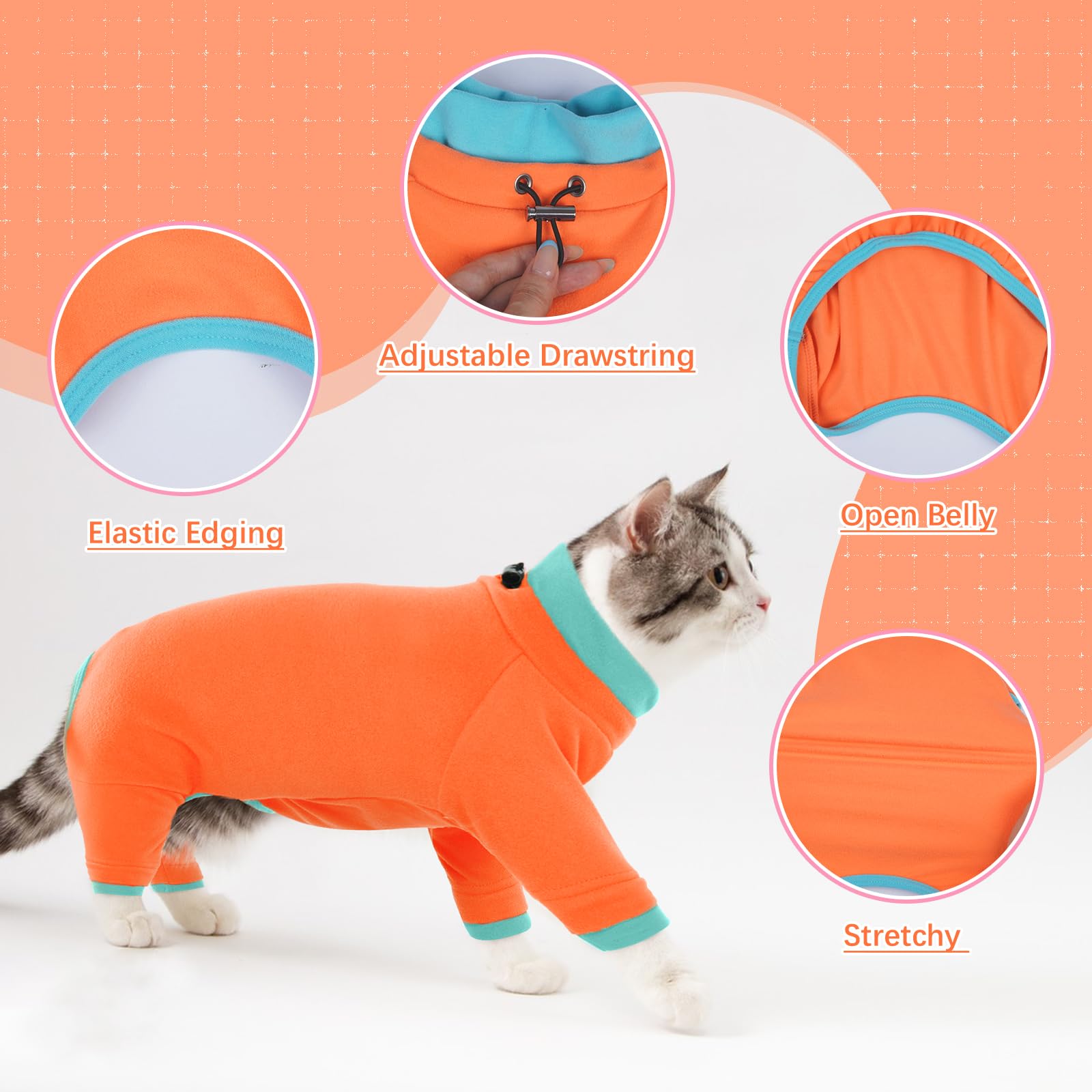 Cat Clothes, Body Suit to Stop Licking Thermal Cat Coats and Body Warmers Soft Touch Thick Surgery Recovery Suit Prevent Scratching(Orange, M) — view 4