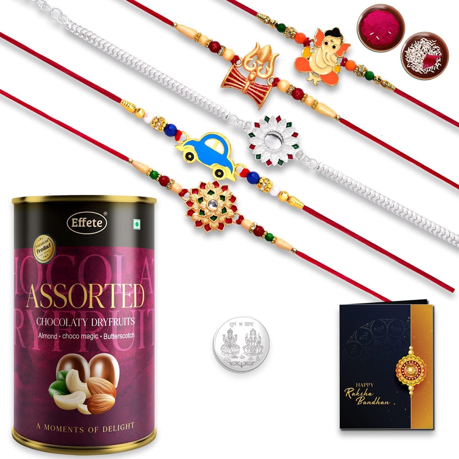 DeoDap (K5_NC15_AS) Multicolor Rakhi Combo with Effete Assorted Chocolate Dry fruits , Silver Color Pooja Coin, Roli Chawal & Greeting Card, Occasion, stylish rakhi for brother, Rakhi & Chocolate for brother, rakhi brother, rakhi with gift, handmade  (B099F7JHRH) Amazon Price History, Amazon Price Tracker