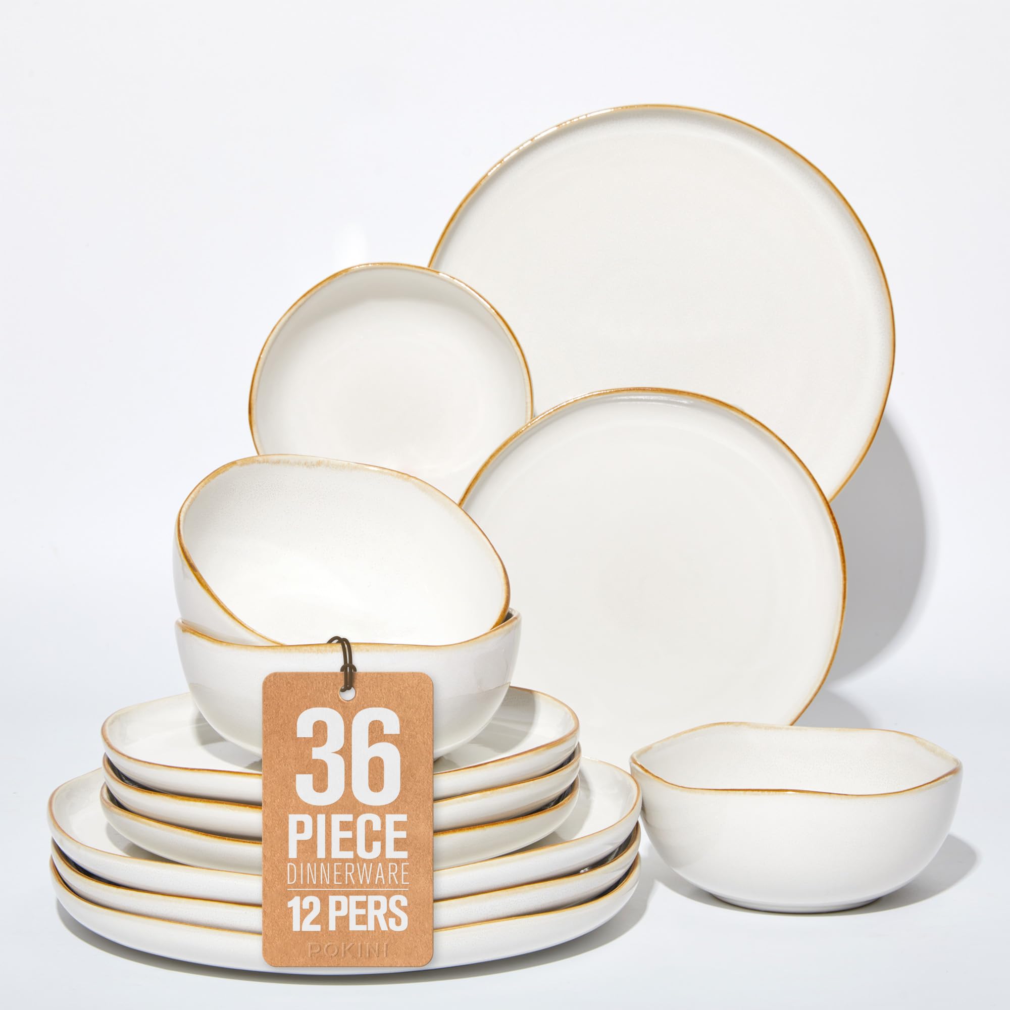 Pokini Extra Large Dinnerware Set for 12, 36 Pieces Ceramic Plates and Bowls Set, Kitchen Dish Set, Microwave &amp; Dishwasher Safe Dishware, Ocean-Inspired Stoneware for Big Gatherings, White