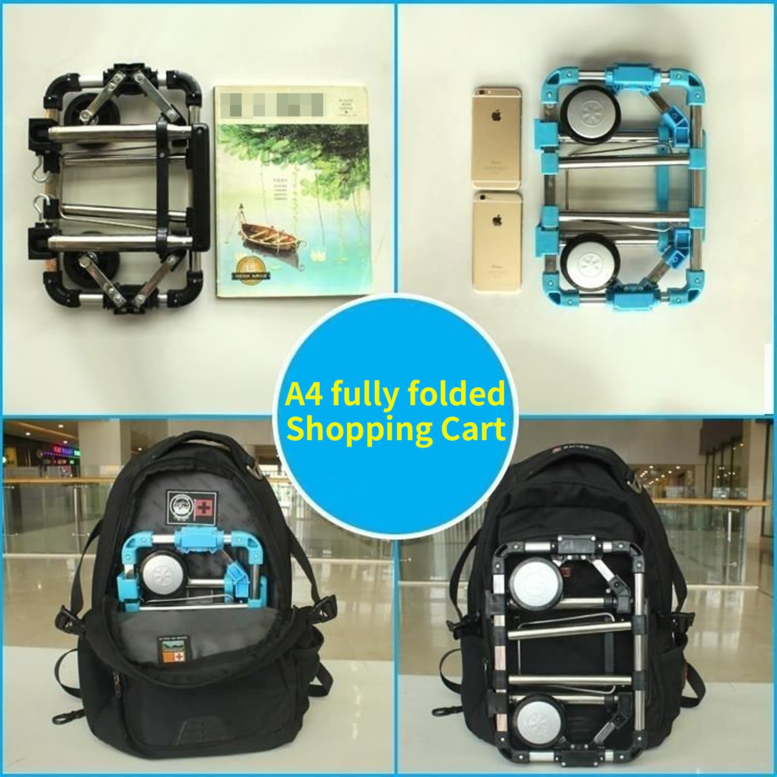 Klappbarer Handwagen, Leichter Transportkarre Gepäckwagen, Faltbarer Einkaufstrolley mit 1 Oxford-Tasche und 2 Elastischen, für Gepäck,Reisen,Auto,Einkaufen,Umzug,Büro, 2 Räder (Schwarz)