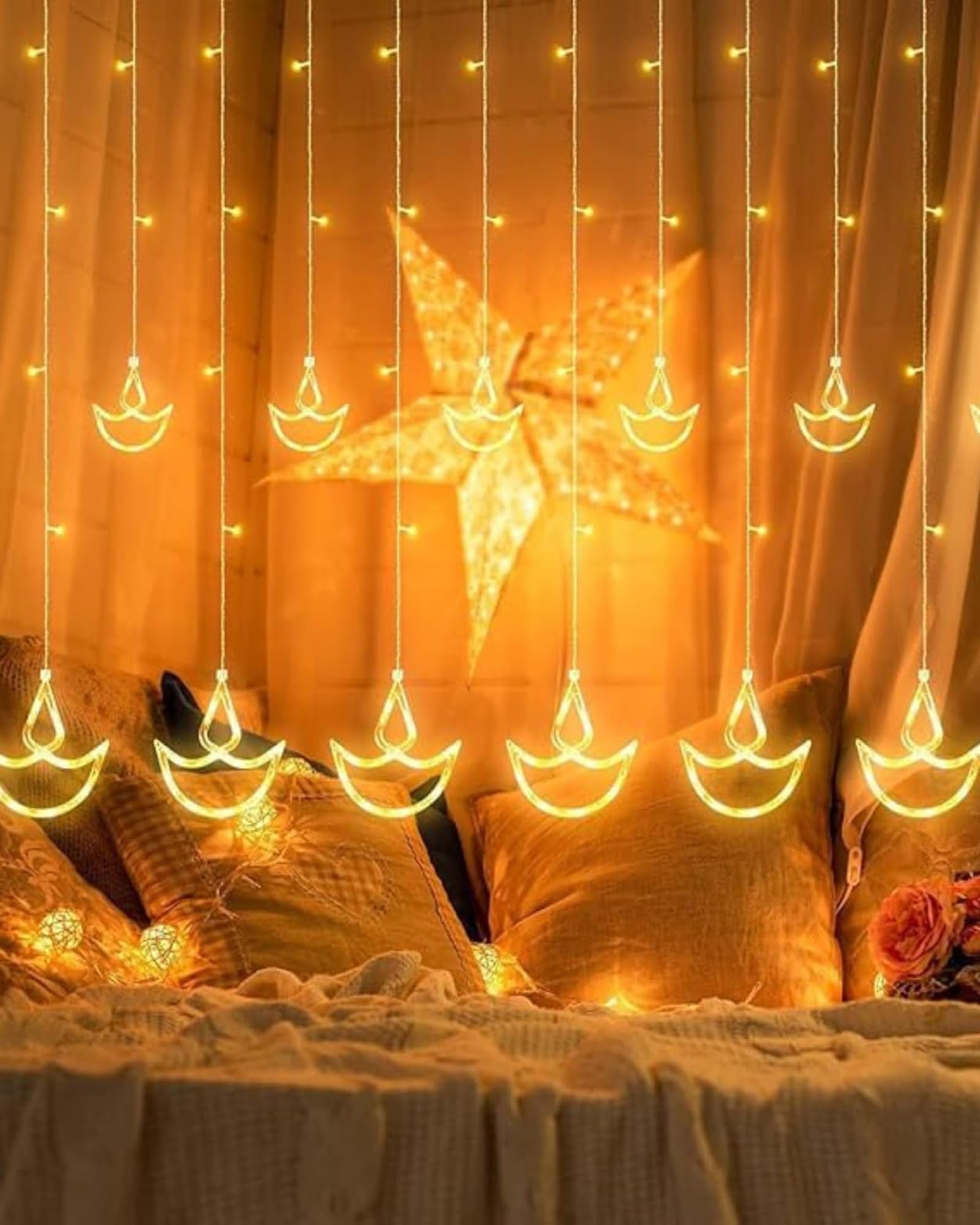 Homesake® 12 Diya Curtain Fairy String Led Diya Light with Plug in String Lights with 8 Modes, Corner Christmas Tree Light Festive Decor, Pooja Room Decor for Indoor Home Party (Warm White)