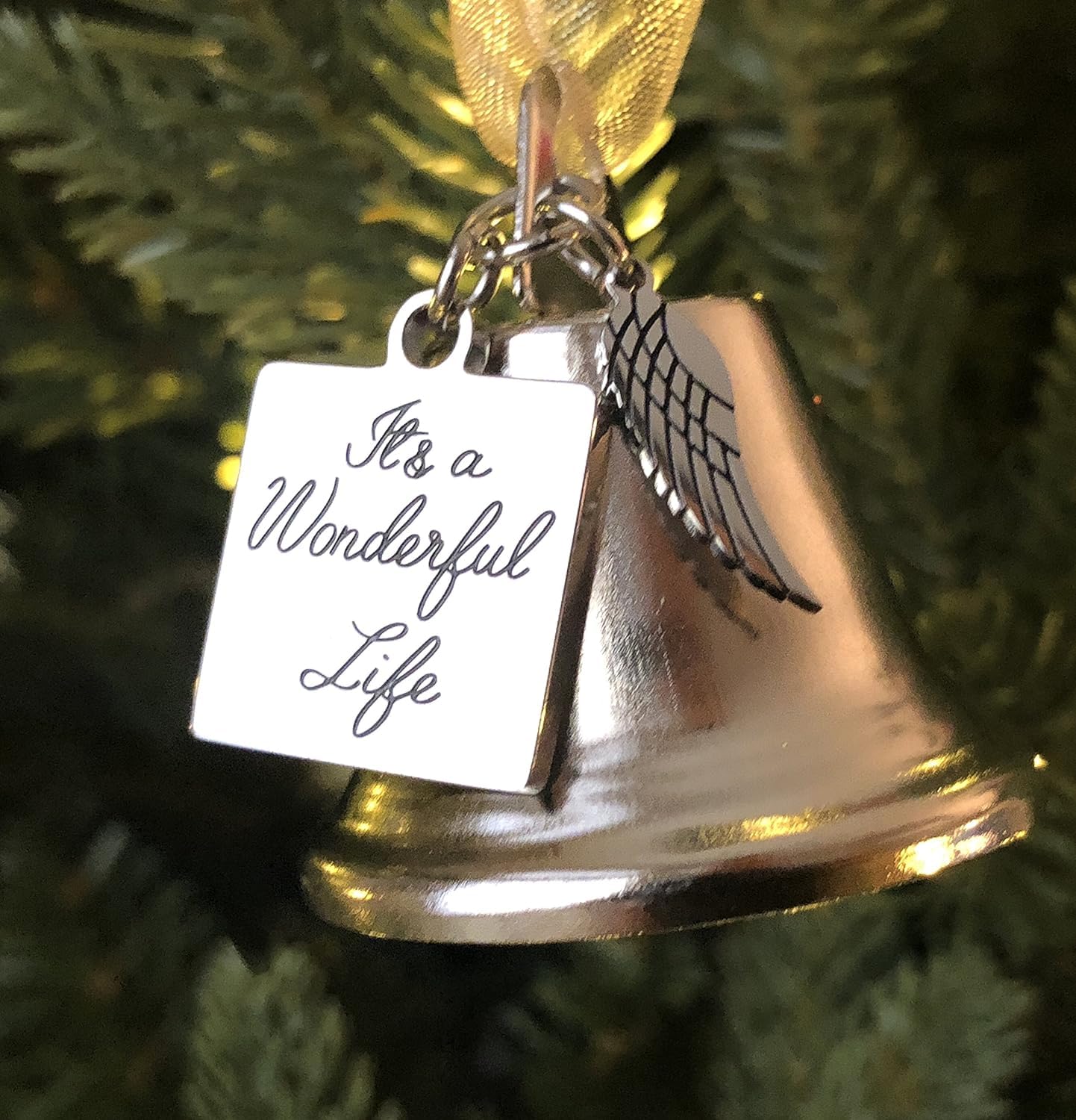 Personalized Inspired Christmas Angel Bell Ornament with Stainless Steel Angel Wing Charm. New Larger Size and Now Comes with 2 Interchangeable Ribbons (Stainless Steel)