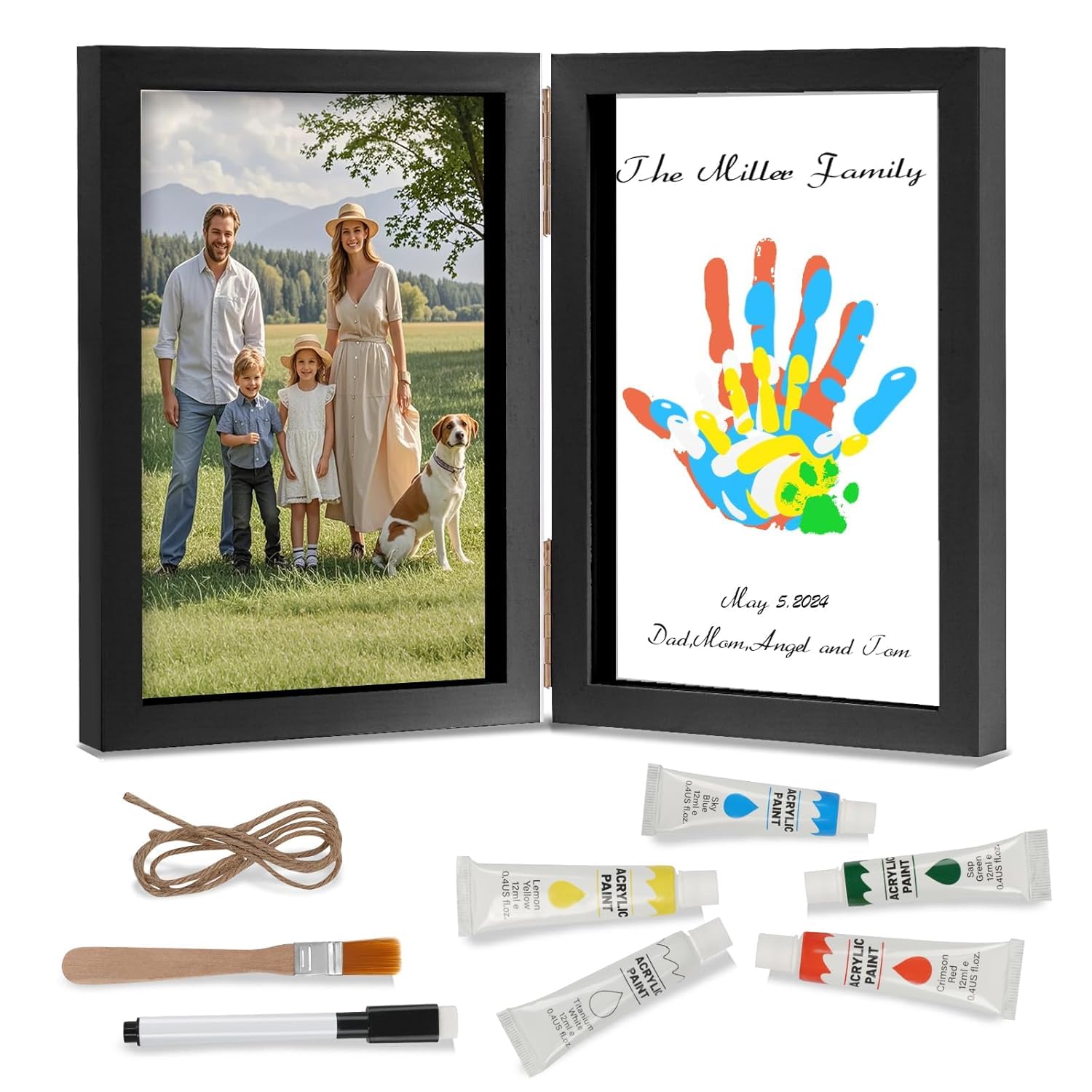 Nabance Handabdruck set Familie für 4, Bastel Bilderrahmen aus Holz Handabdruck Baby Fotorahmen Set Pfotenabdruck set Hund Fingerfarben Kinder Ungiftig Muttertagsgeschenk Vatertagsgeschenk Schwarz