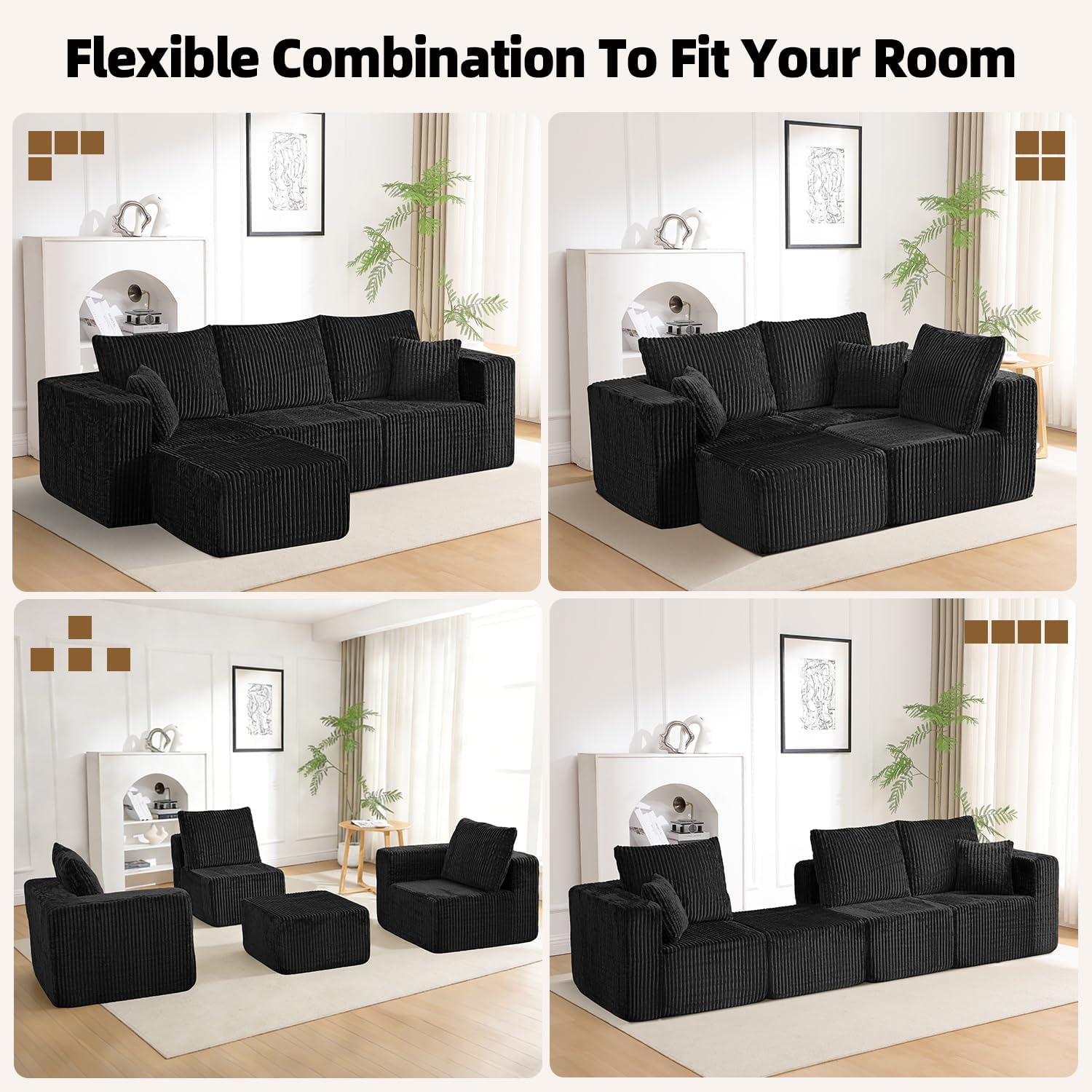 98" Modular Sectional Sofa, L-Shaped 3 Seater Boneless Couch with Ottoman, Modern Cloud Sectional Couch Deep Seat Sofa for Living Room Bedroom Apartment, No Assembly Required, Black