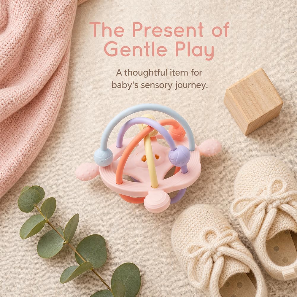 Juguete Mordedor Pelota Bebé, Juguetes Sensoriales para La Dentición Juguete de Denticion Sonajero para Bebe Juguetes Educativo Temprano Montessori para Bebés de 3 a 18 Meses(Rosa)