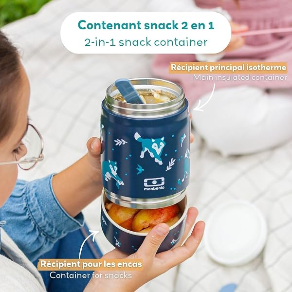 monbento - Lunch Box Enfant Isotherme Handy Vert Raccoon - Boite Repas 500 ml 2 Étages - Bento Inox 2-en-1 Garde au Chaud & Froid - Sans BPA - Idéal pour École/Sorties Scolaires - 2