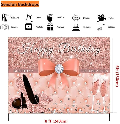 Miniatura 10 de Sensfun Cartel de fondo de feliz cumpleaños de oro rosa para mujer, decoraciones de fiesta de cumpleaños con purpurina, tacones rosados con lazo,