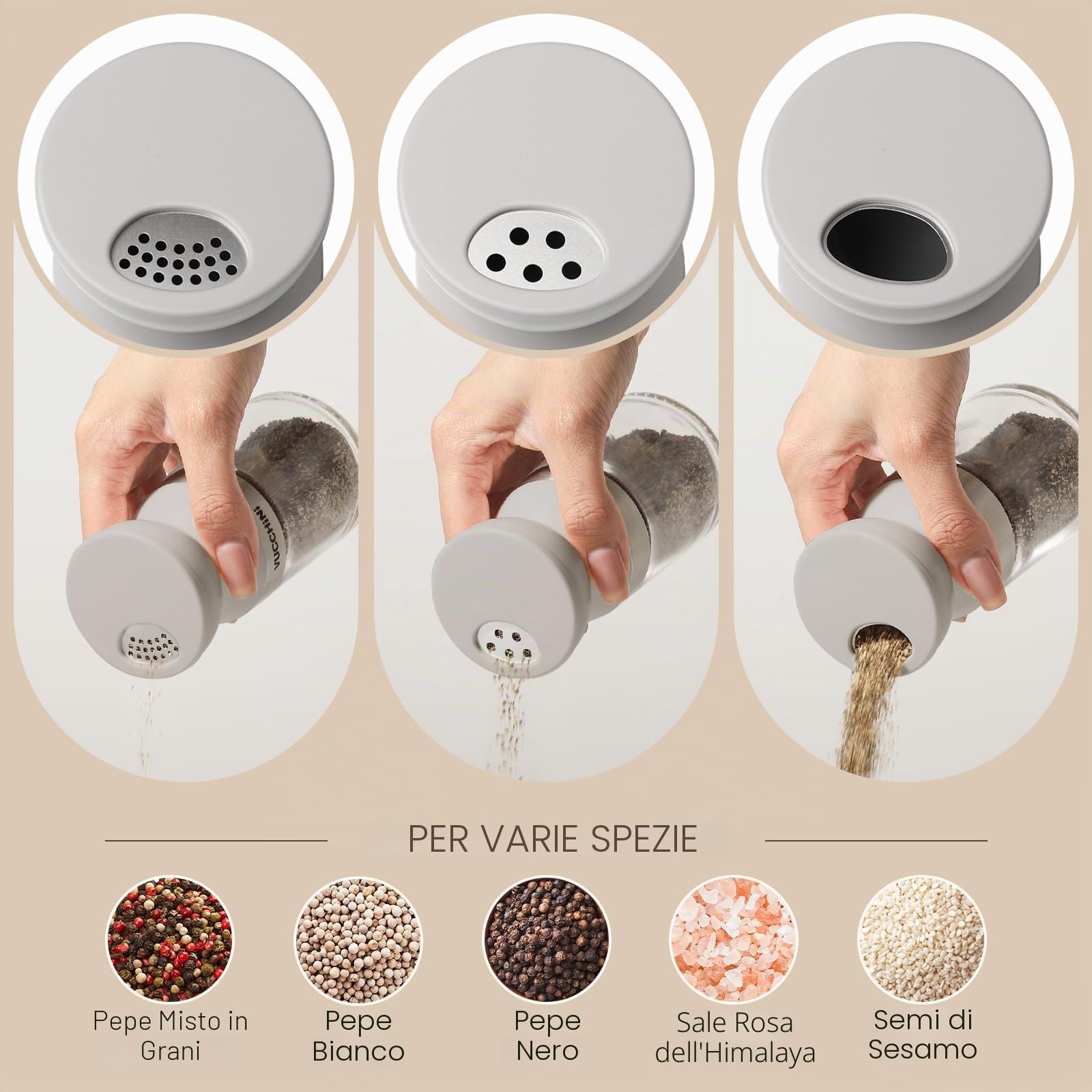 Vucchini Set di Saliera e Pepiera,3 Modalità,Completamente Rimovibile,Lavabile in Lavastoviglie,Grigio