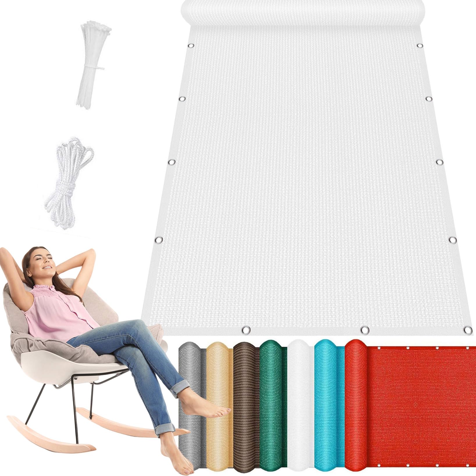 Voile-D'Ombrage avec Œillets 150 x 240 cm 95% UV Protection, Perméable à L’Eau Toile Ombrage Voiles Ombrages Pare Soleil avec Oeillets et Cordons pour Camping Piscine, Blanc