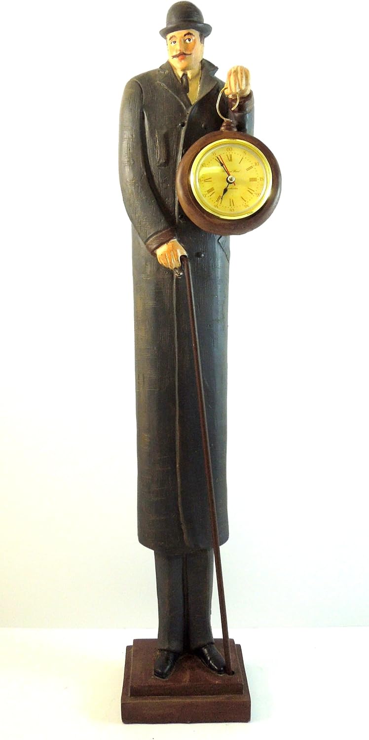 23" Tall Decorative Shelf Clock Sharp Dressed Man Statue