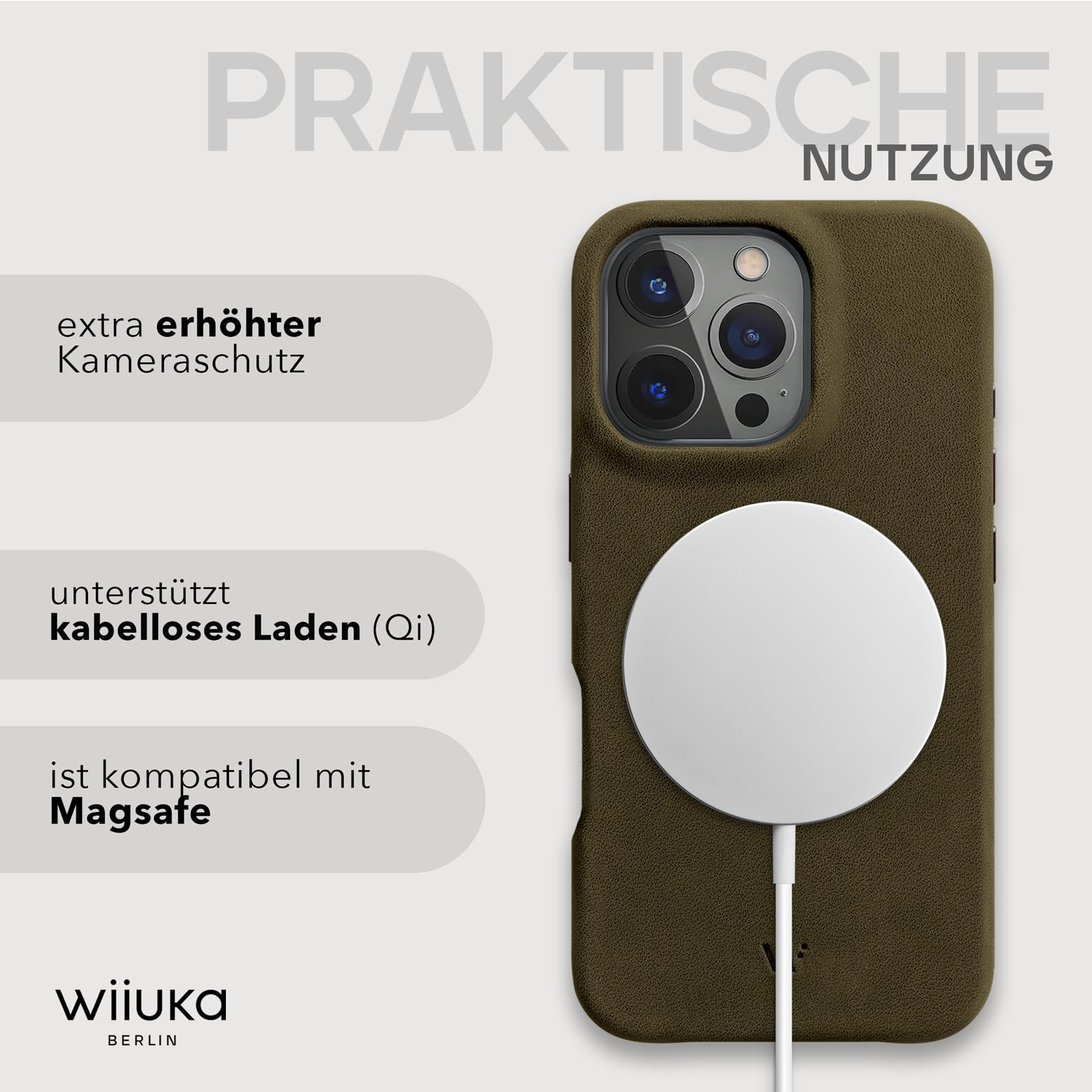 WIIUKA Custodia per iPhone 16 Pro, pelle tedesca, in pelle, extra sottile, di alta qualità, Qi, skiin More, Vintage Oliv