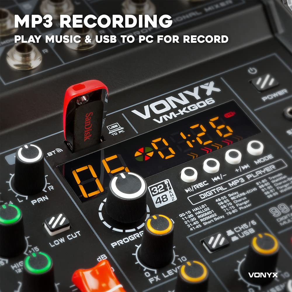 Vonyx VM-KG06 analoger Audio Mixer für Bands, Mischpult DJ Mixer, 6 Kanal DJ Mischer mit Bluetooth, MIC, XLR, 6,3mm Jack, DSP Soundeffekt, USB, MP3, Record - Schwarz