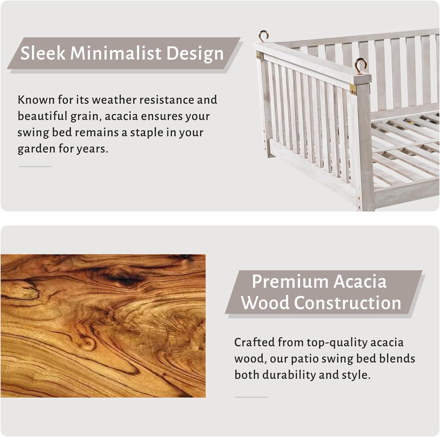 Patio Minimalist Twin Size Garden Swing Bed Wood Porch Swing with Ropes for Backyard, Safe Sloped Design, White