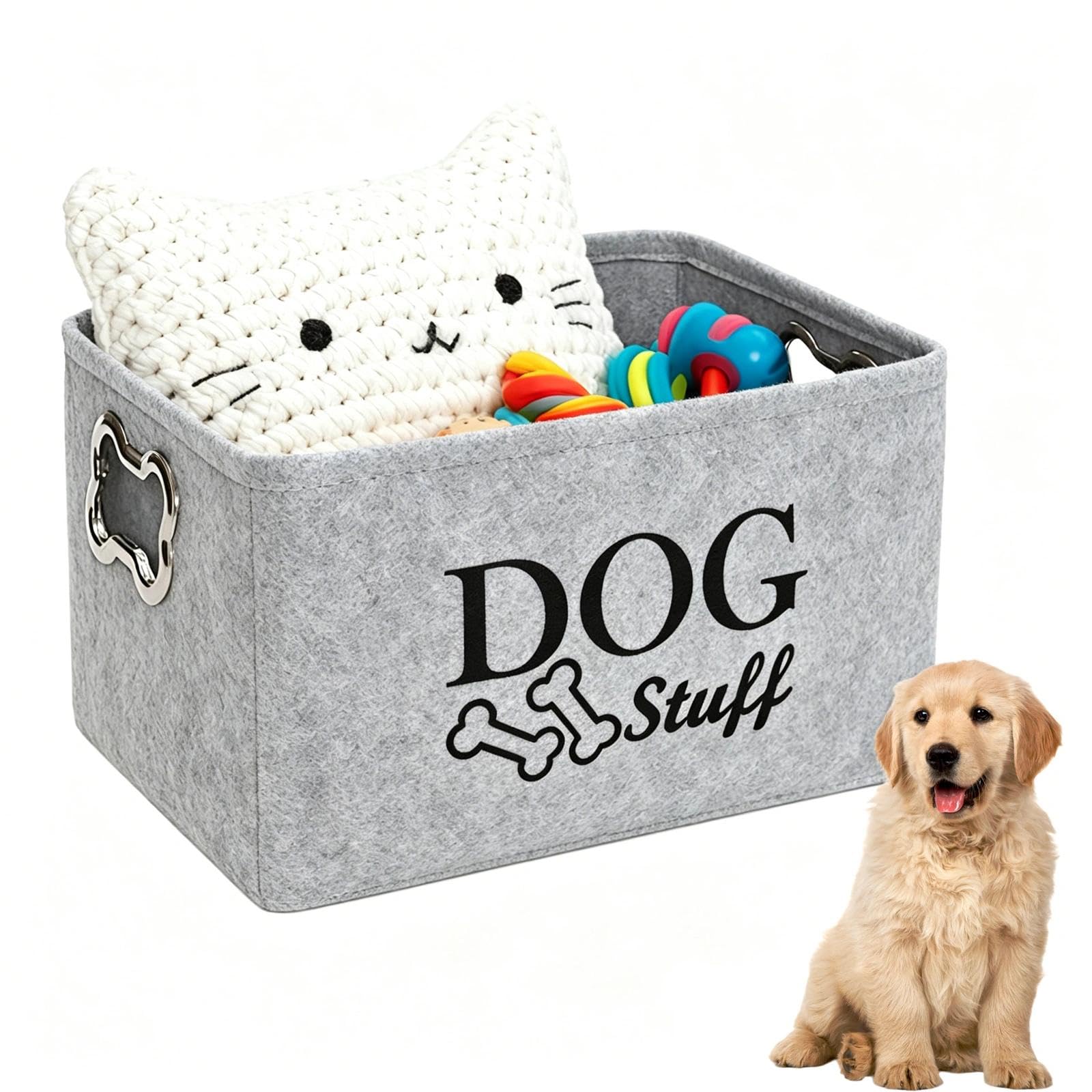 HUILATE Dog Toy Box, Puppy Toy Box Storage Basket, Foldable Dog and Cat Supplies Basket with Handle for Organizing Pet Clothes Shoes and Accessories (light gray)