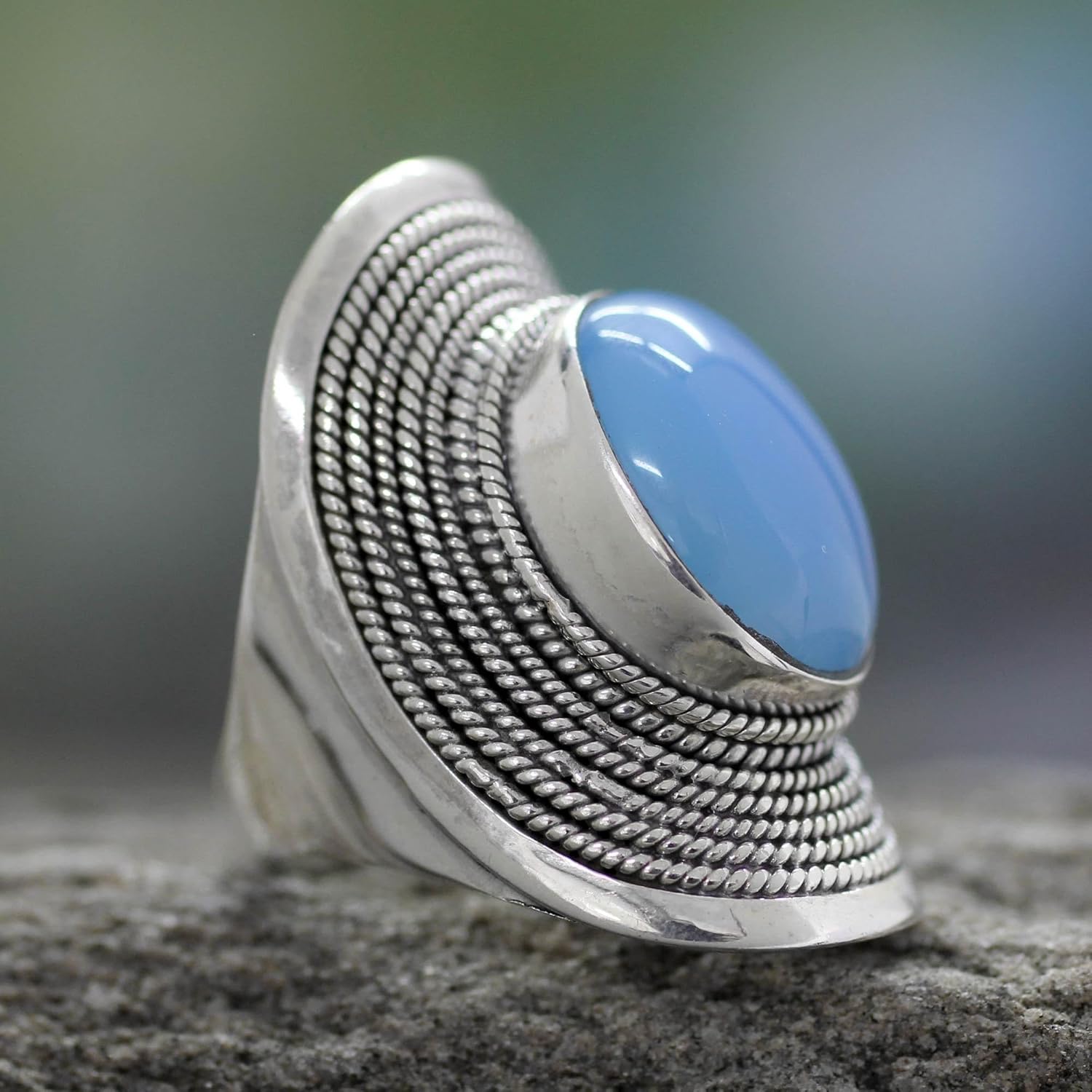 NOVICA Artisan Handmade Sterling Silver Cocktail Ring Jewelry Chalcedony from India Blue Single Stone Placid Serenity Bollywood Bohemian [crownbezel 1.3 in L x 1 in W x 0.2 in H Band Width 3 mm W] ' - Image 2