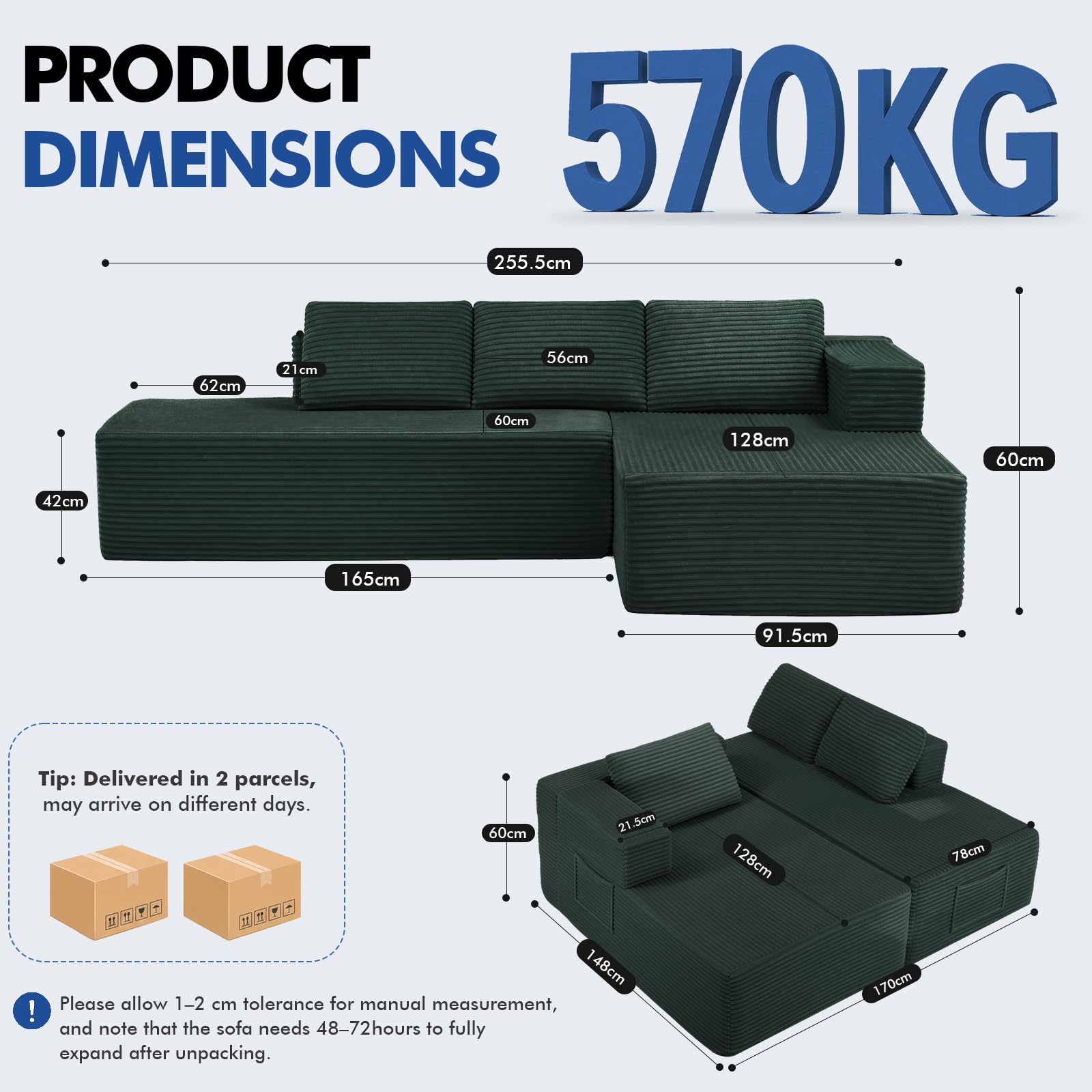 COMHOMA Divano angolare con funzione letto, 255 cm, in velluto a coste, modulare, con chaise longue e schienale in metallo, divano letto a forma di L con design aperto, cuscino e tasche laterali, per