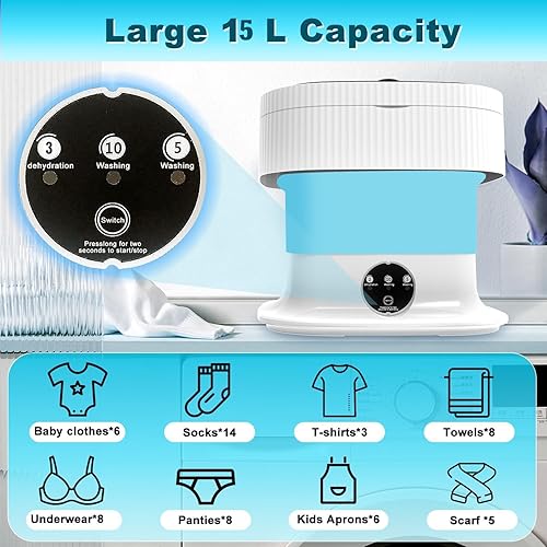 Miniatura 2 de Lavadora portátil, mini lavadora de 15 litros de alta capacidad con 3 modos de limpieza profunda, mini portátil plegable para ropa de bebé, ropa