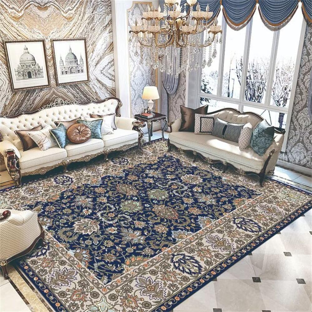 Tapis bleu floral rétro 120x160cm multicolore à motifs vintage et texture douce pour intérieur