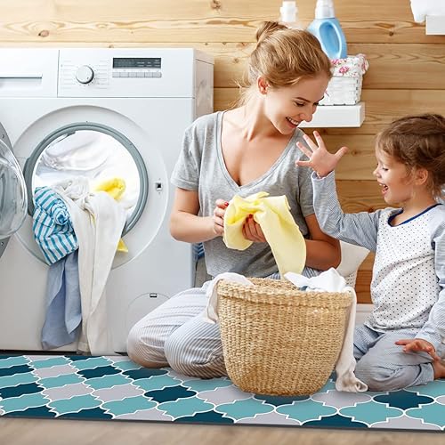 Miniatura 7 de Tapete de cocina antifatiga, antideslizante, acolchado, verde azulado, gris, impermeable, antideslizante, de cuero de PVC, tapete de pie para