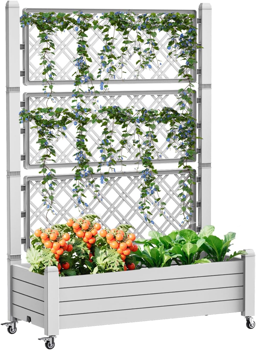 Vixzen 64" Tall Raised Garden Bed,Outdoor Large Resin Planter Box with Trellis and Drain Plug for Climbing Plants,Easy to Assemble,Water Monitor,Mobility(Ashen, 43.43"×18.27"×64.29")