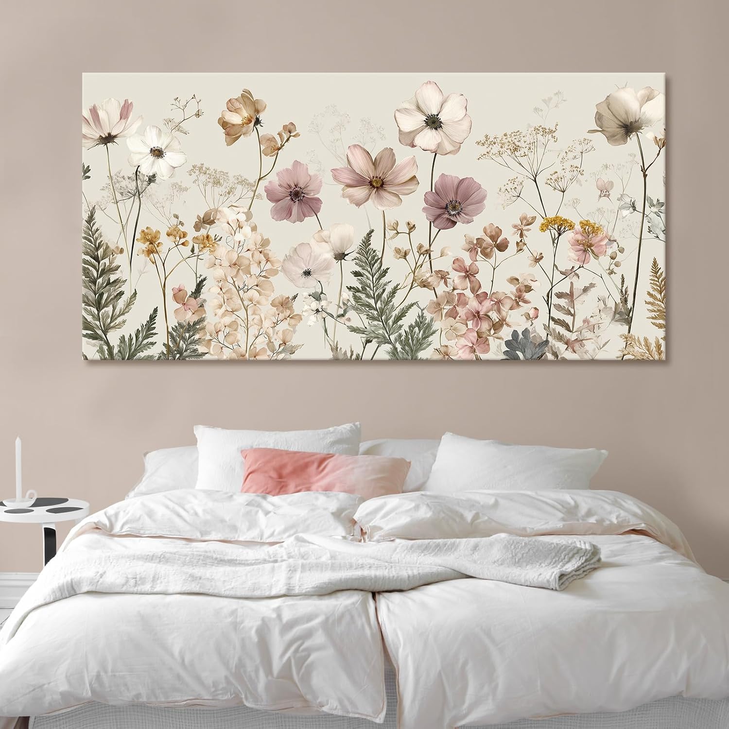 BewDalky Vintage Wildflower Canvas Wall Art Rustic Farmhouse Botanical Floral Landscape Painting Beige Pink Watercolor Meadow Flower Artwork Prints for Bedroom Living Room Aesthetic Home Decor 20"x40"