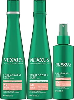 Nexxus Unbreakable Care Shampoo, Conditioner, and Leave-In Spray 3 Pack For Fine and Thin Hair with Keratin, Collagen, Biotin