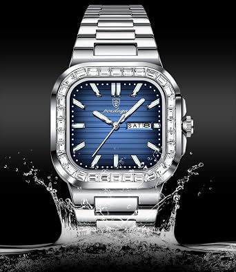 POEDAGAR Men's Wrist Watch Luxury Square Waterproof Bright Date Week Stainless Steel Casual Fashion Quartz Men's Watches