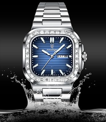 POEDAGAR Men's Luxury Square Watch Waterproof Luminous Date Week Man Watch Stainless Steel Casual Fashion Quartz Men's Watches